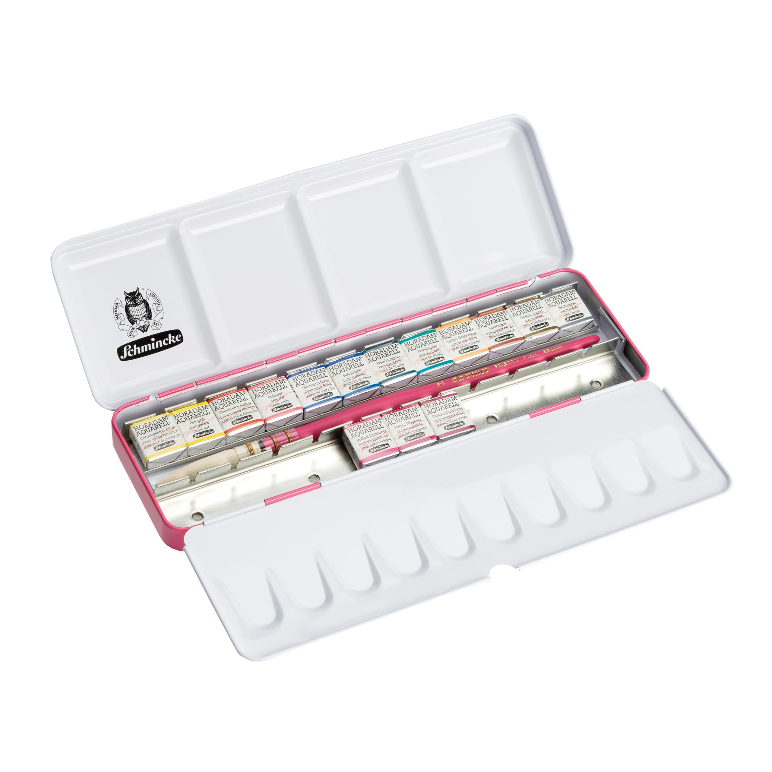 Schmincke – HORADAM® AQUARELL Boîte de Peinture en métal laqué Rose avec 15 Demi-Godets, 12 Couleurs Standard + 3 Tons de Rose, incluant Un Pinceau Aquarelle, 74663097