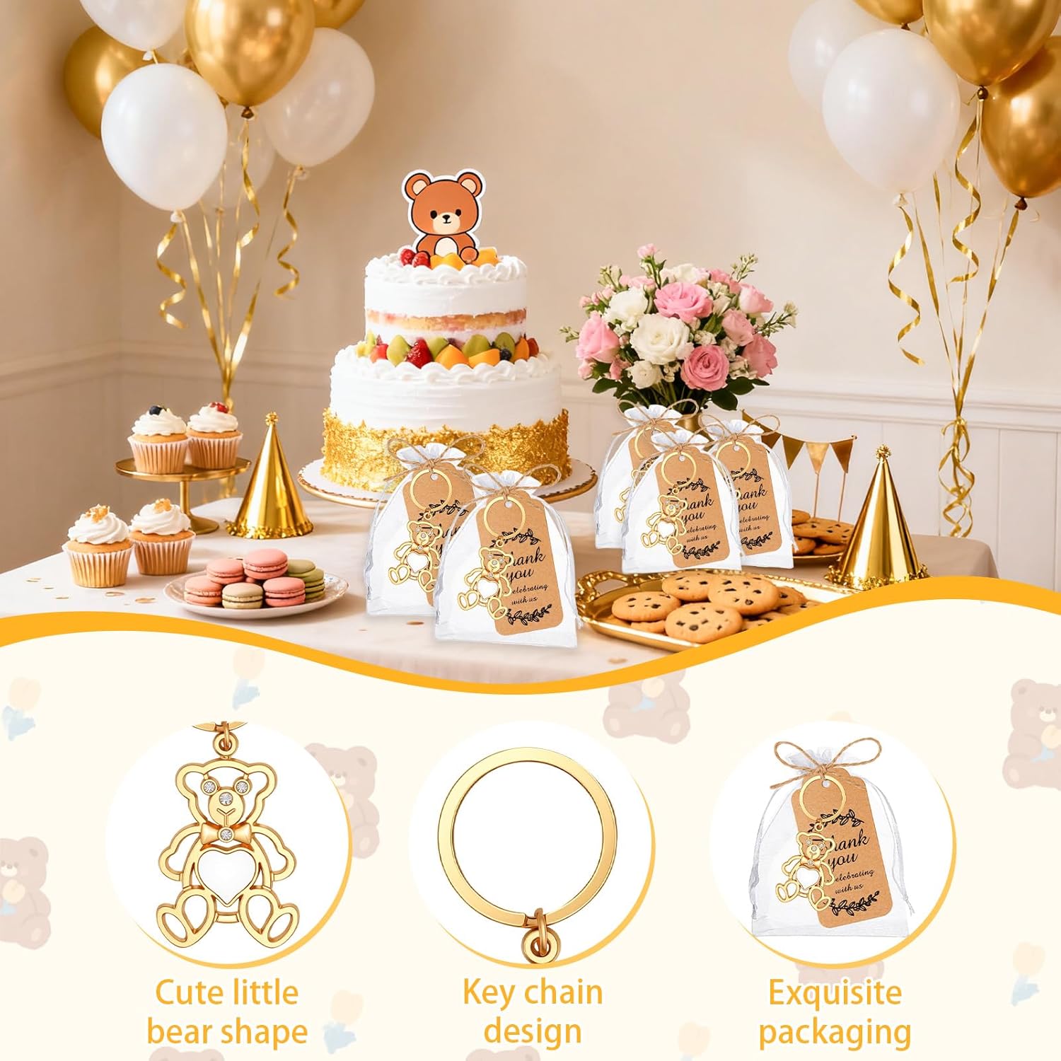 50Pack Bear Keychain Baby Shower Party Favors for Guests Diamond Bear Keychain with Organza Bags Tags for Birthday Wedding Decoration Return Gift Souvenirs