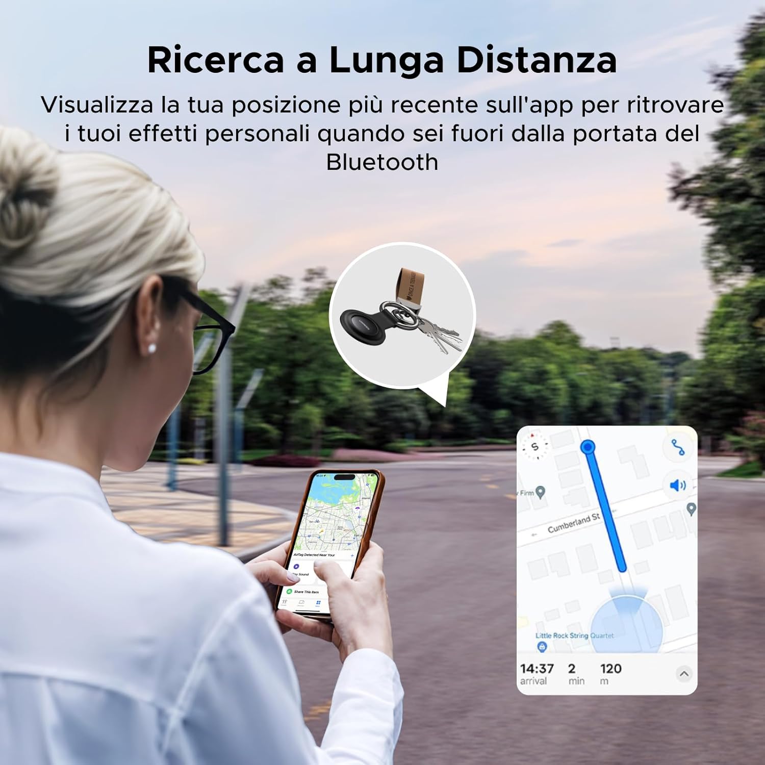 A person looking at their phone with a map showing the location of a UGREEN FineTrack Mini Tag attached to keys, with a car in the background.