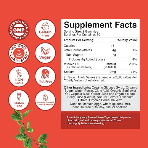 Miniatura 3 de Gomitas orgánicas de vitamina D para adultos  Gomitas diarias de apoyo inmunológico con vitamina D3 vegana 2000 UI  Gomitas orgánicas de vitamina D3