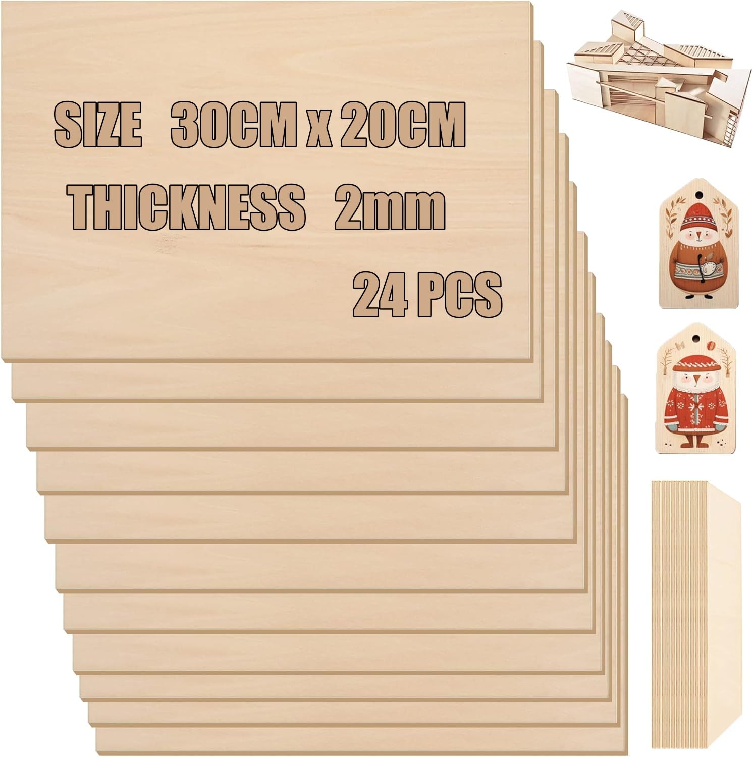 KAHEIGN 24 Pezzi Fogli di Legno di Balsa, 300 x 200 x 2mm Fogli di Compensato Grezzo Tavola Liscia di Tiglio per Casa Decorazioni, Fai Da Te Progetti, Legno Lavorazione Modelli, Pittura e Incisione