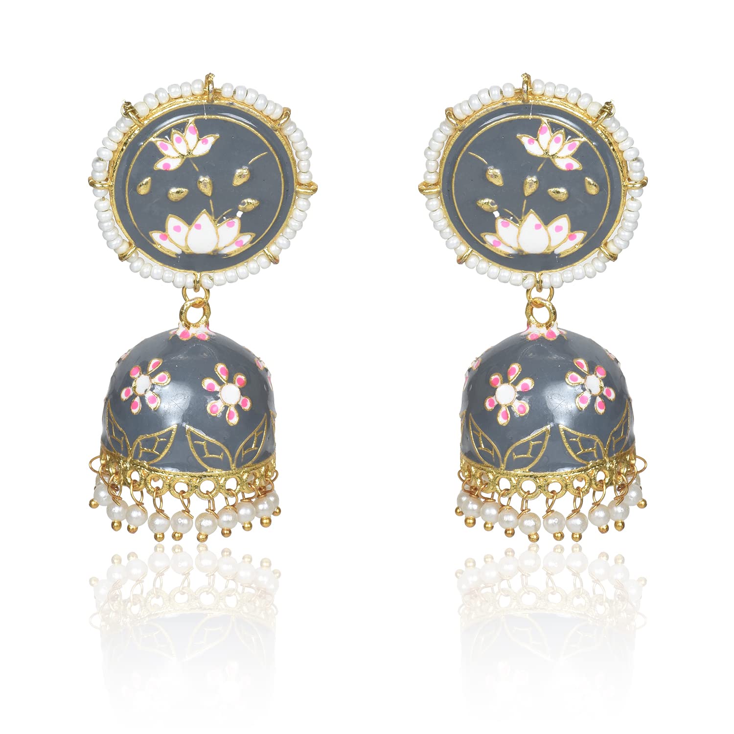 Nilus Collection Meenakari Dome Shape Jhumka Earrings With Lotus Engraved And Pearl Beaded Top For Women (Grey) (B0C6XW69LH) Amazon Price History, Amazon Price Tracker