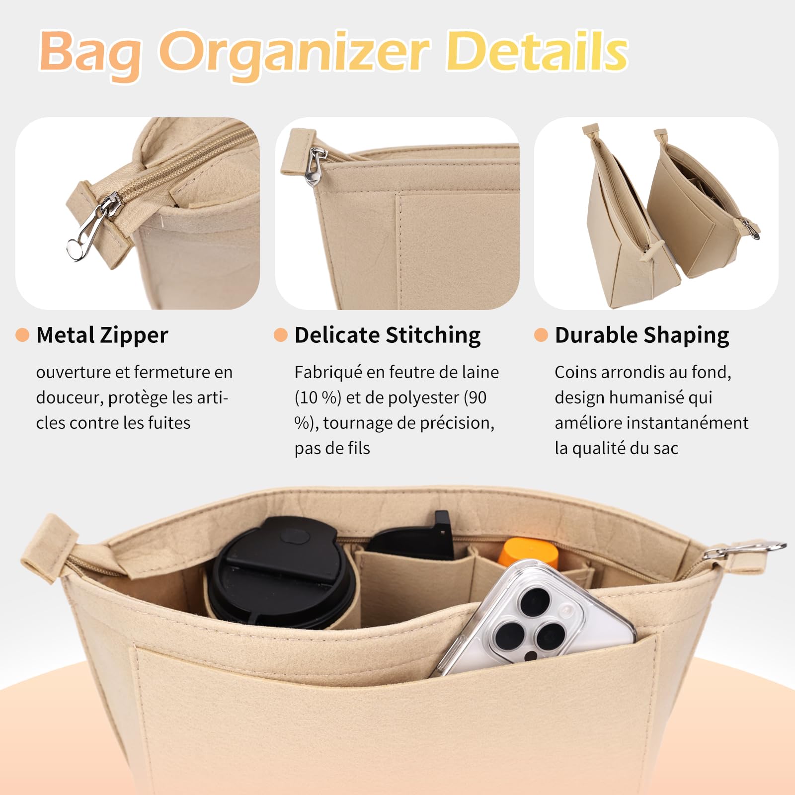 GADITIEK Inserto organizer per borse, in feltro, beige, grande, organizer per borsa Longchamp, organizer per borse Le Pliage grande, organizer per borse (beige, L)
