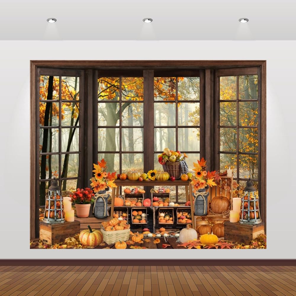Fall Backdrop 10x8ft Autumn Window Forest Pumpkin Thanksgiving Background Farm Harvest Maple Leaves Friendsgiving Banner Fall Party Decorations Photo