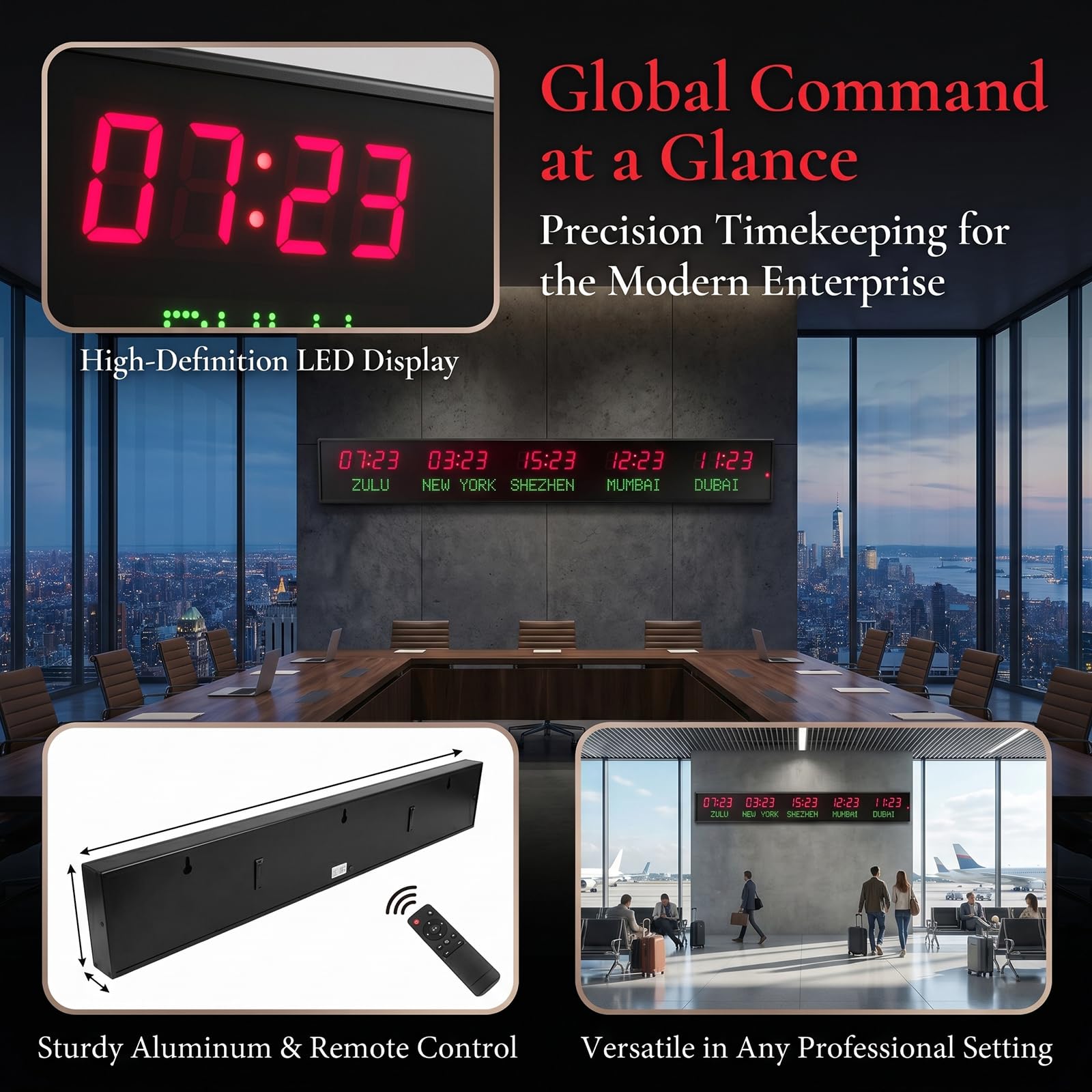Orologio da parete digitale a LED con telecomando, display a 5 ore città, luminosità a 3 livelli, varie modalità di impostazione per hotel e aeroporti