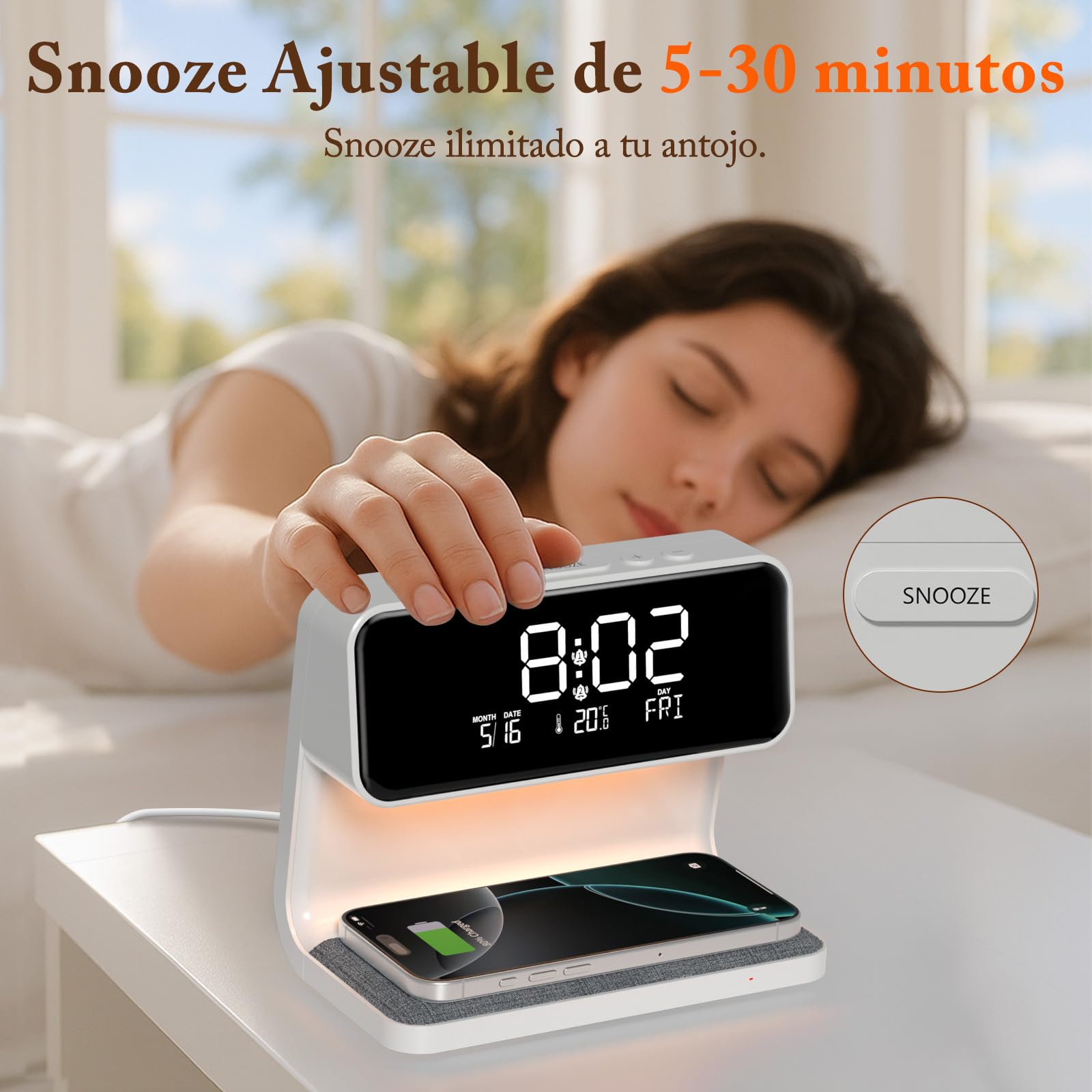 Despertador Digital, Reloj Despertador con Cargador Inalámbrico 15W, LED Pantalla Temperatura/Fecha/2 Alarmas/Snooze Ajustable/12/24H, Despertador Luz con Control Táctil para Infantil Adultos