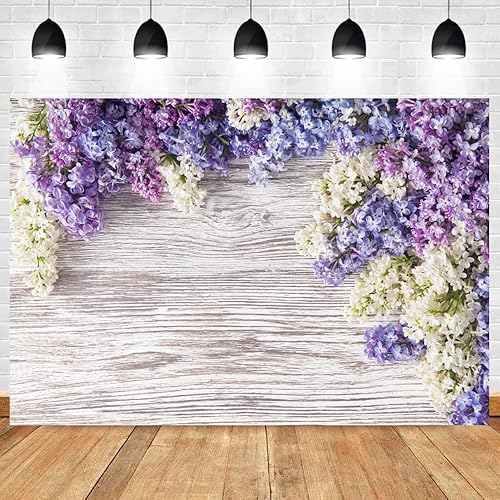 Miniatura 8 de Telón de fondo de madera para bebé recién nacido de 5 x 3 pies, flores moradas lilas, ramo de flores, pared de madera, para niñas y adultos, retrato