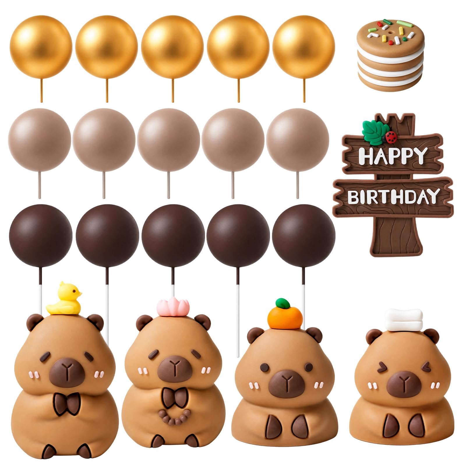 Capybara Cake Topper 21PCS Orange & Towel Capybaras, Lotus, Duck, Ladybug Sign, Colourful Balls & Brown Layered Cake, Perfect for Capybara Themed Birthday Parties, Party Favors & Cupcake Decorations