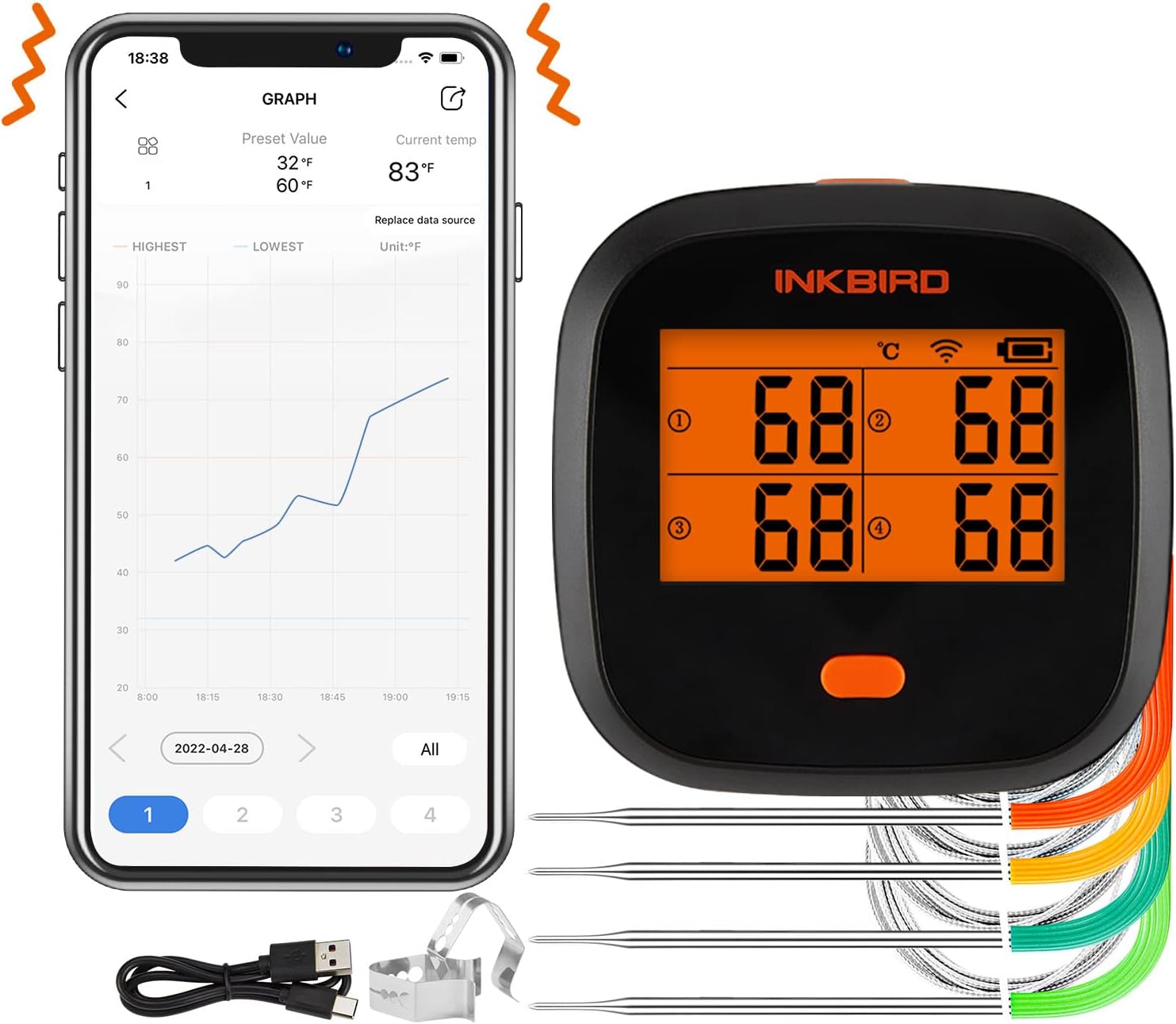 INKBIRD WiFi Wireless Meat Thermometer IBBQ4T, 4 Color Probes Rechargeable BBQ Thermometer with