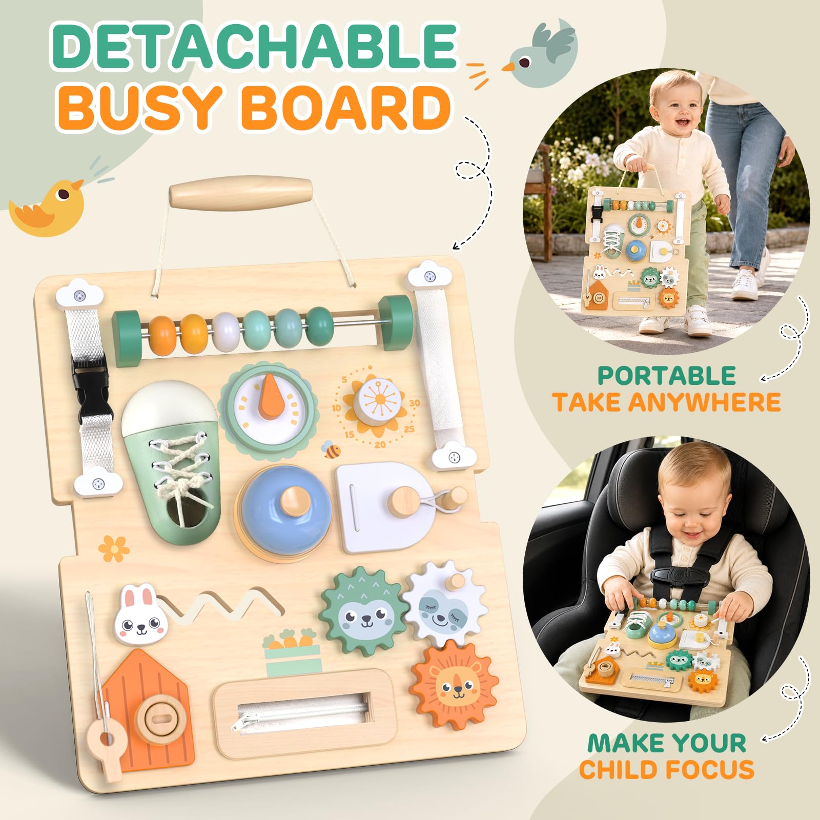 Andador Madera Bebé 2 en 1, Montessori Tablero Sensorial Desmontable