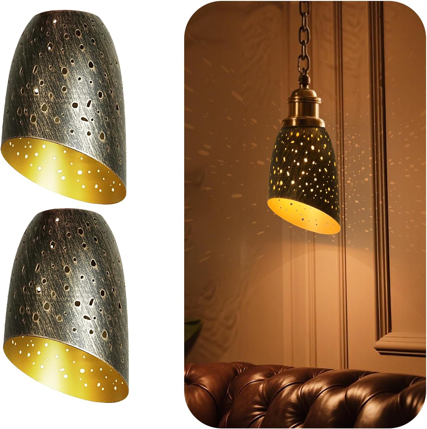 2 Pack Metal Bevel Lampshade, 5.9 inch High, 4.4 inch Bevel Diameter, 1.65 inch Fitter, Multi- Head Stand up Lamp Shade for Floor Light Lamp Horseshoe, Hole Diameter 35mm(Bronze/Gold)