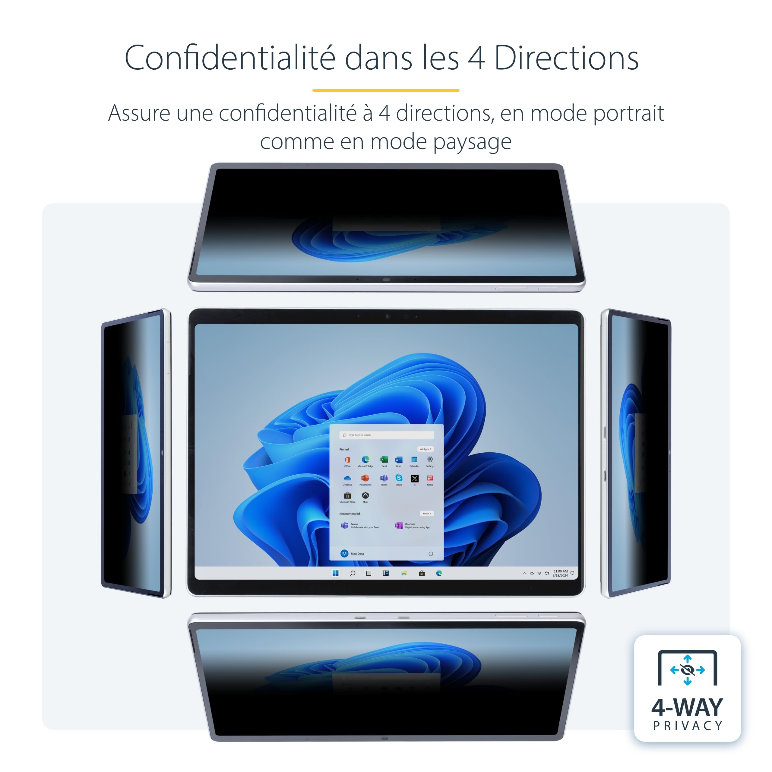 StarTech Filtre Confidentialité Surface Pro 8/9/X/11 13", 4 Sens | Portrait/Paysage, Antireflet, Angle +/-30 degrés, Réduction 51% lumière bleue