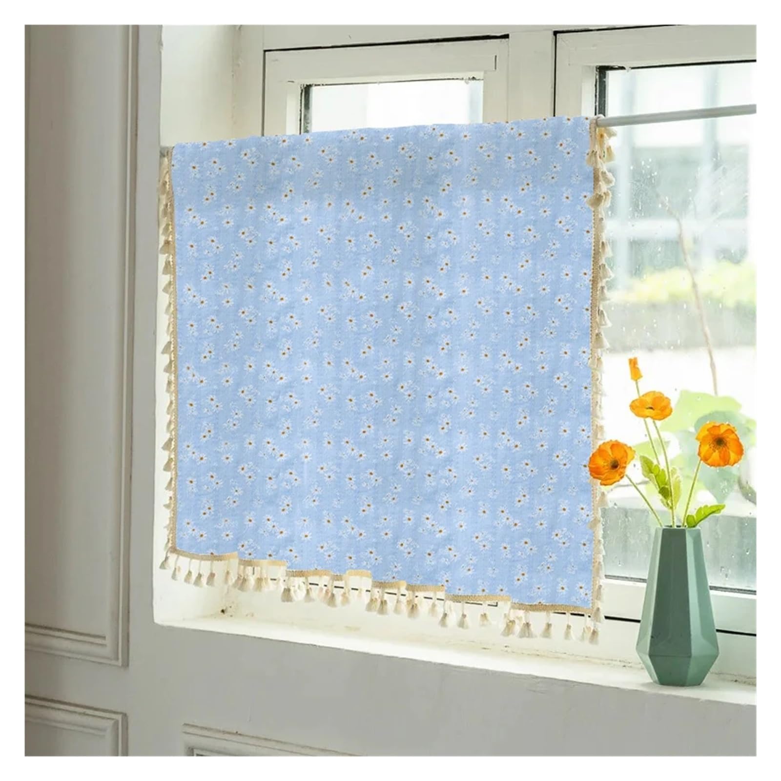 Bistrogardine Café-Vorhänge aus Baumwolle mit Gänseblümchen-Blumenmuster und Quasten, Stangentasche, kurzer Küchenvorhang, 1 Panel for Wohnzimmer, Küchendekor(Blue,Rod Pocket_140X240CM)