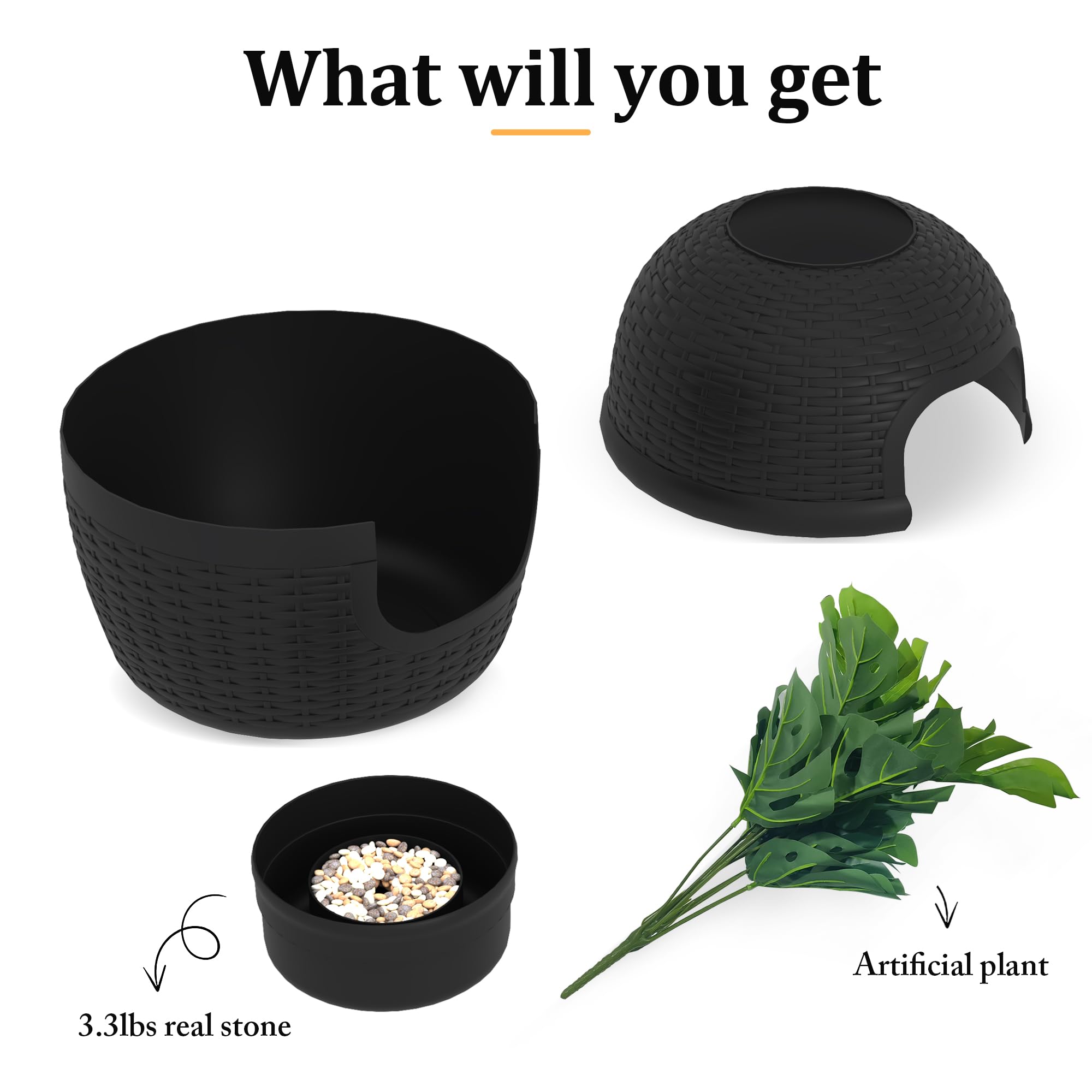 SUNVIVI Caja de arena para gatos con planta sintética y cuchara, bandeja de arena oculta con control de olores y filtro de carbono en sala de estar, dormitorio, esquina, color negro