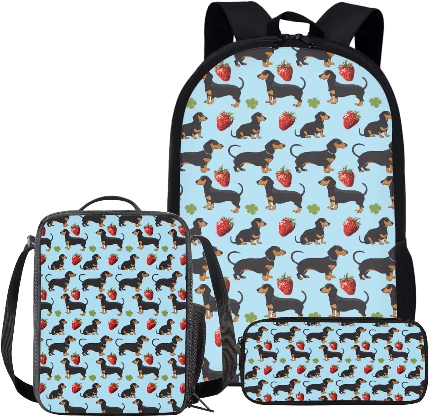 AmzPrint 3pcs Dachshund Dog Backpack Set For Elementary Middle School Girls School Bag + Pencil Case + Lunch Bag Combination