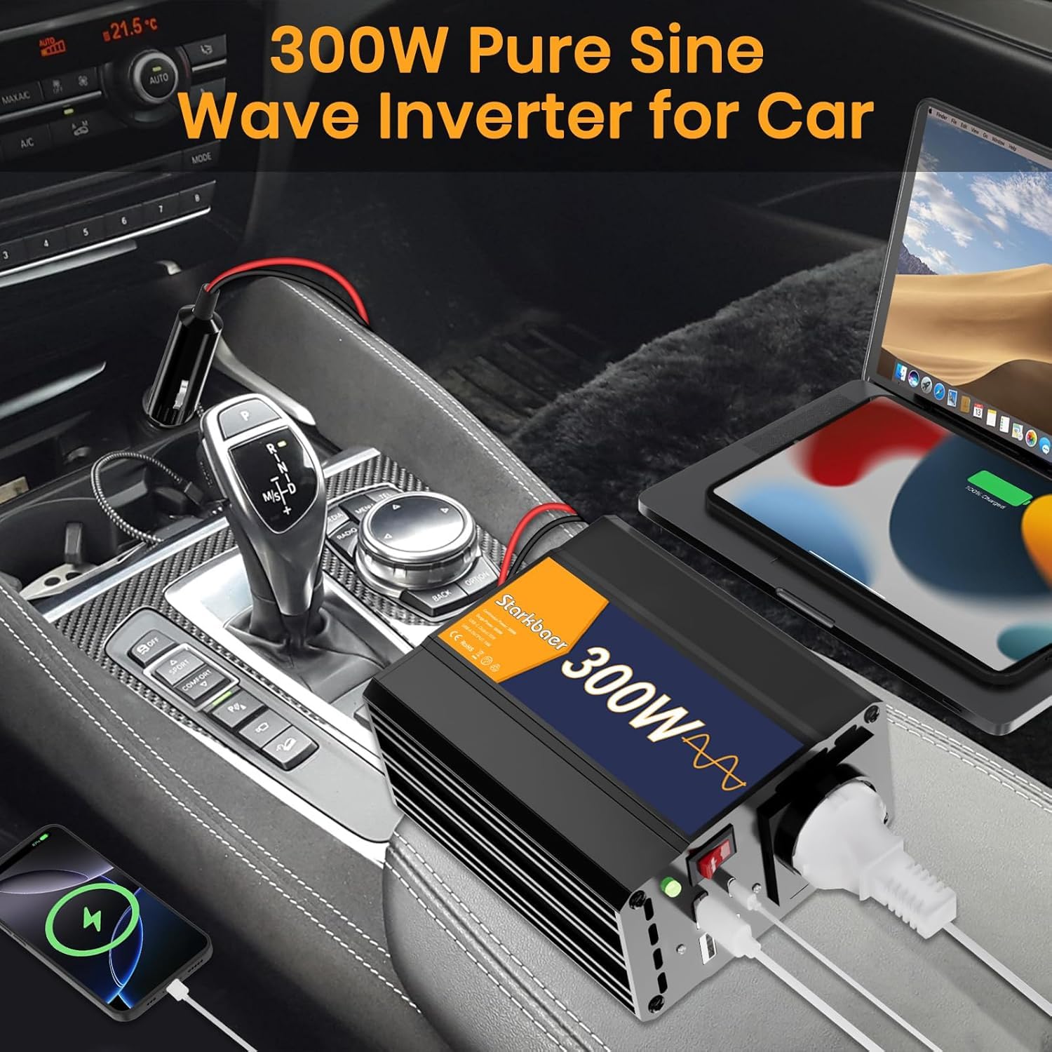 Convertisseur Voiture 12V 230V Pure Sinus 300W Onduleur Allume-Cigare USB | Onduleur avec Prise Allume-Cigare, 4 Ports USB & Boîtier en Aluminium. Idéal pour Recharge de Téléphone & Voyages en Auto