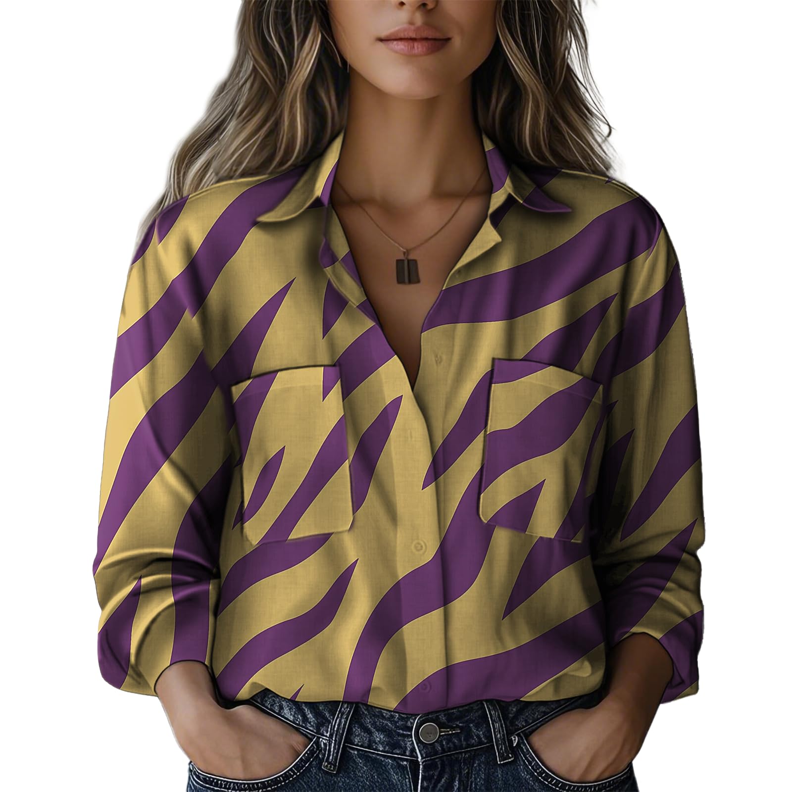 domirica Shirts for Women Trendy Hippie Minimalist Print Tunic Tops Long Sleeve V Neck Button Down Flowing Blouse