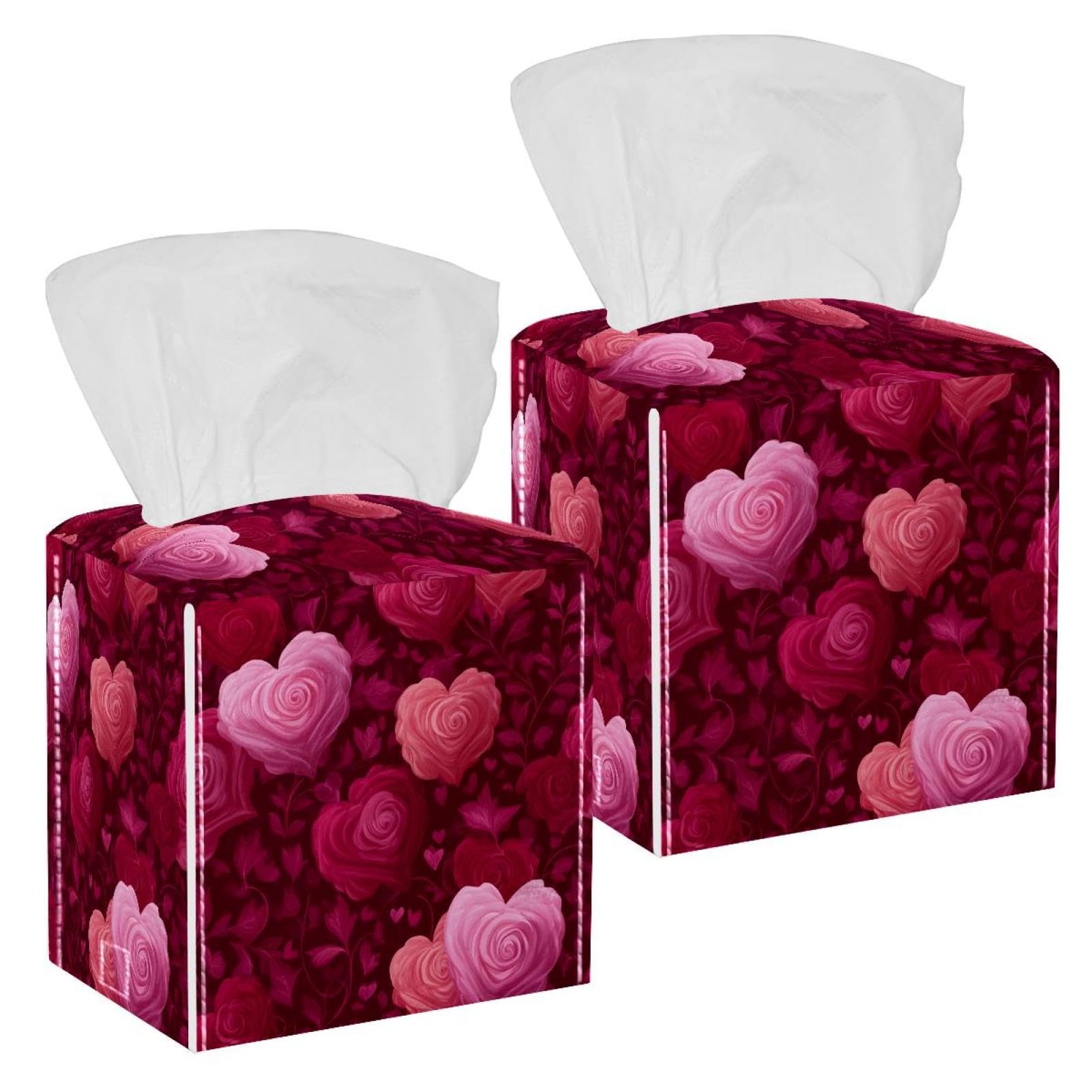Roses and Hearts Tissue Box Cover, 2 Pack PU Leather Square Facial Tissue Dispenser Box holder for Home Office Car
