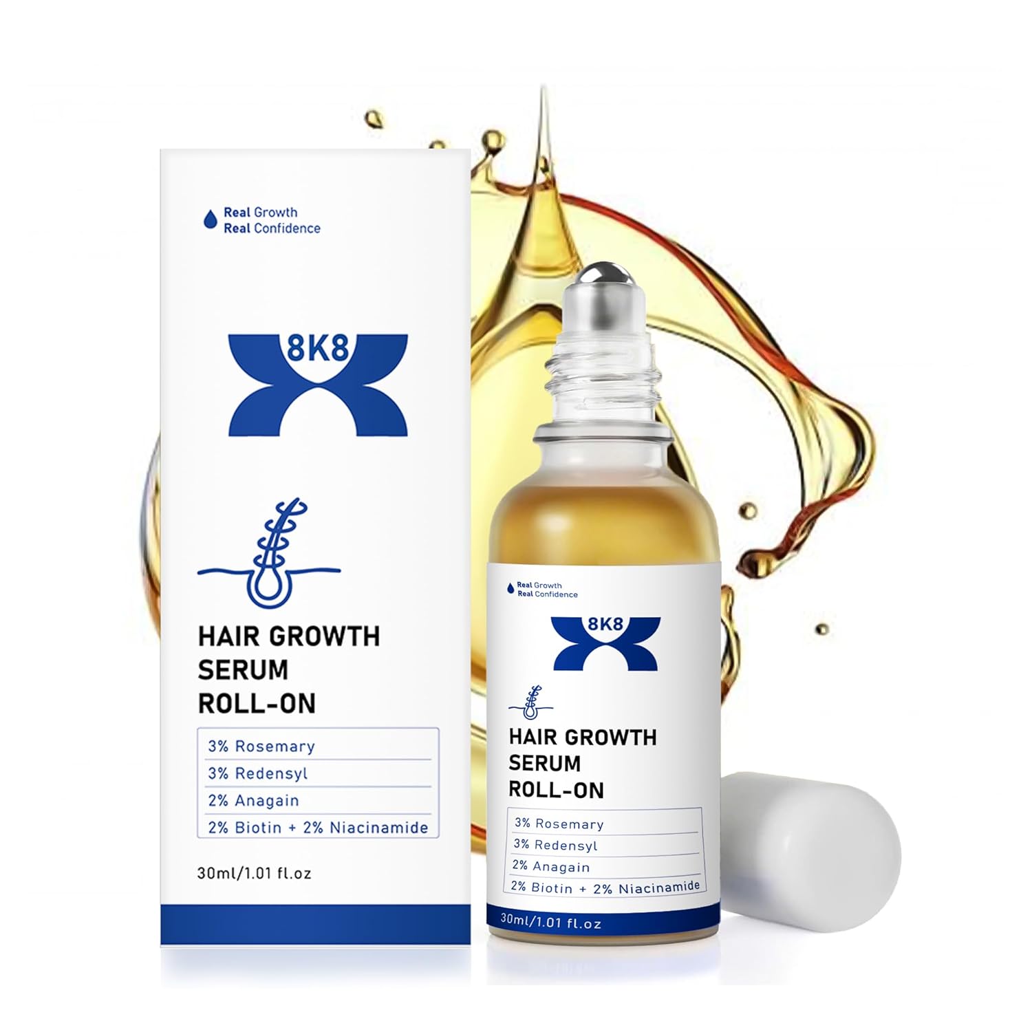 Advanced Hair Growth Roll-On Serum, 3% Redensyl, 3% Rosemary, Biotin and Niacinamide, Reduces Thinning, Enhances Hair Density and Volume, No Rinse, Fast Absorbing Formula for Men and Women (Pack of 1)