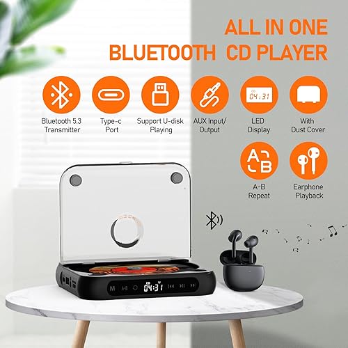 Miniatura 2 de Reproductor de CD portátil con reproductor de CD Bluetooth para el hogar, pequeño reproductor de CD recargable con auriculares, pantalla táctil LCD,