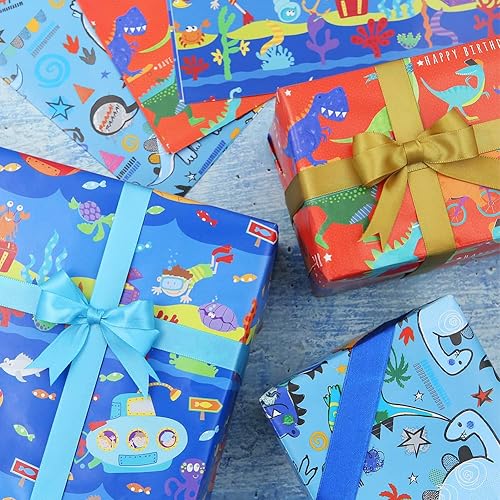 Miniatura 5 de Papel de regalo de cumpleaños de dinosaurio, 6 hojas de dibujos animados de animales, dinosaurios, papel de regalo plegado con cintas para niños,