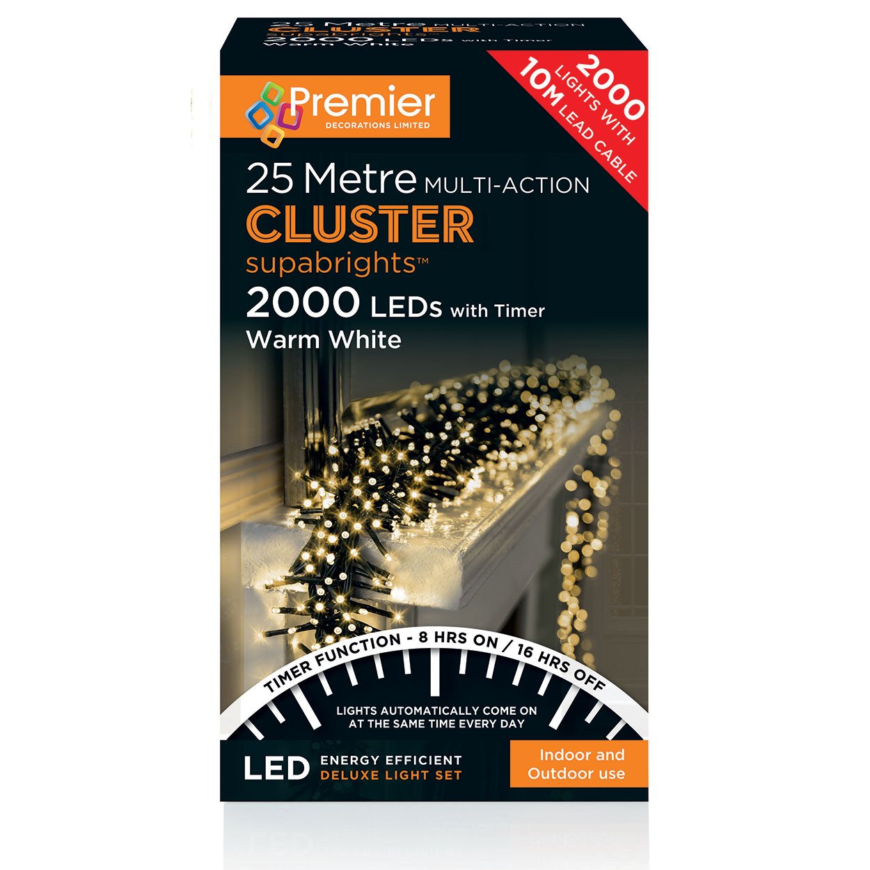 White 2000 Led 25M Premier Clusterbrights Indoor Outdoor Multifunction Mains Operated Christmas Cluster Lights With Timer In Warm
