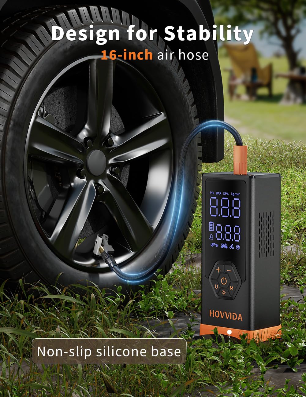 HOVVIDA Gonfiatore Pneumatici Compressore d'Aria Portatile, Gonfiatore per Pneumatici Auto, Batteria da 7800 mAh, 12 V CC, 150 PSI, Flusso d'Aria 40 L/min, Gonfiaggio Rapido, Pompa Portatile per MPV