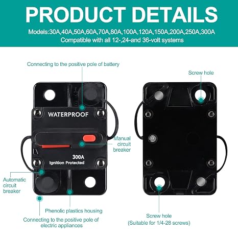 300 Amp Waterproof Circuit Breaker,with Manual Reset,12V-48V DC, for Car Marine Trolling Motors Boat ATV Manual Power Protect for Audio System Fuse