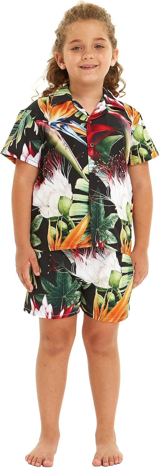 Matching Hawaiian Luau Sibling Boy Girl Romper Jumpsuit Aloha Shirt in Tropical Twilight