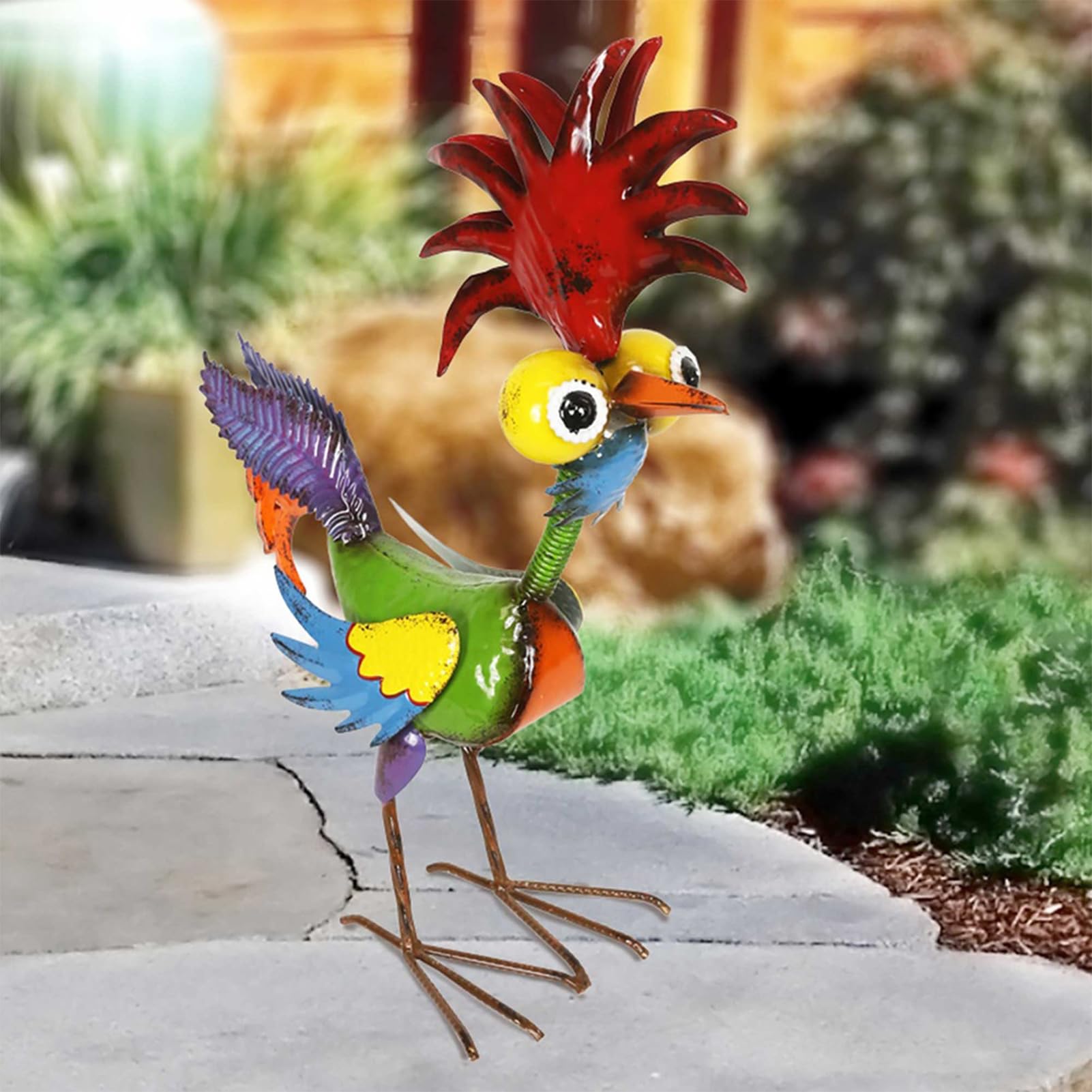 Estatuas de gallo, gallo de hierro forjado, adornos de gallo, 19 x 8 x 22 cm, metal pollo arte escultura al aire libre 3D coloridos adornos de pollo de metal