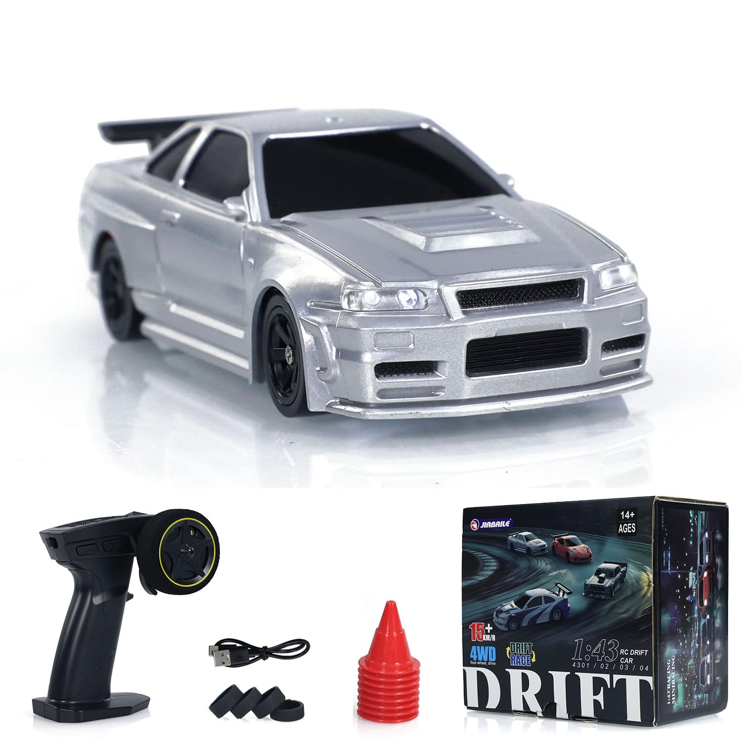 wheelfun 1:43 4WD Ready to Run Drift Race Vehicle Remote Control Car Tyres Traffic Cones for Hobby Simulation Lights Four-Wheel Drive RTR RC Racing Car Model