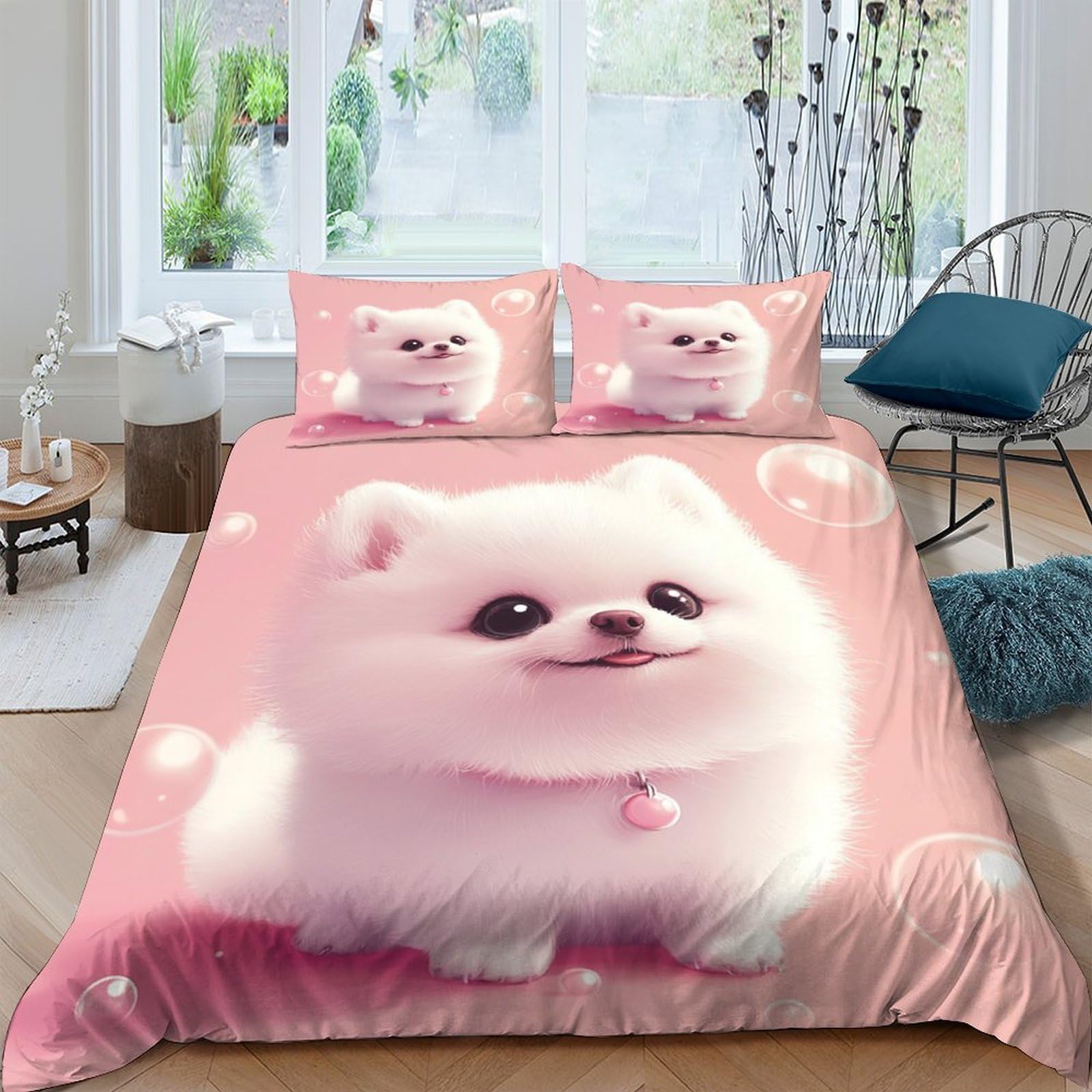 TUFRTGYHN 3D Printed Cute White Pomeranian Duvet Cover Set Microfiber Pink Animal Bedding with 2 Pillowcases for Bedroom Home Decor Single（135x200cm）