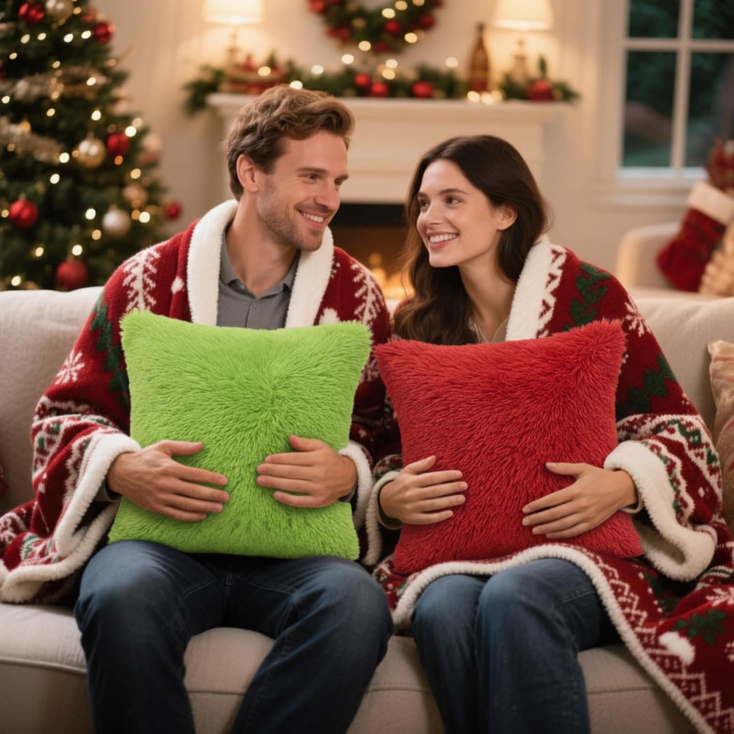 Tiamon 4 Pcs Christmas Throw Pillow Covers Plush Lime Green Red White Pillow Cases 16 x 16 Inch Soft Fluffy Faux Fur Cushion Covers for Winter Holiday Sofa Couch Car Bedroom Decorations