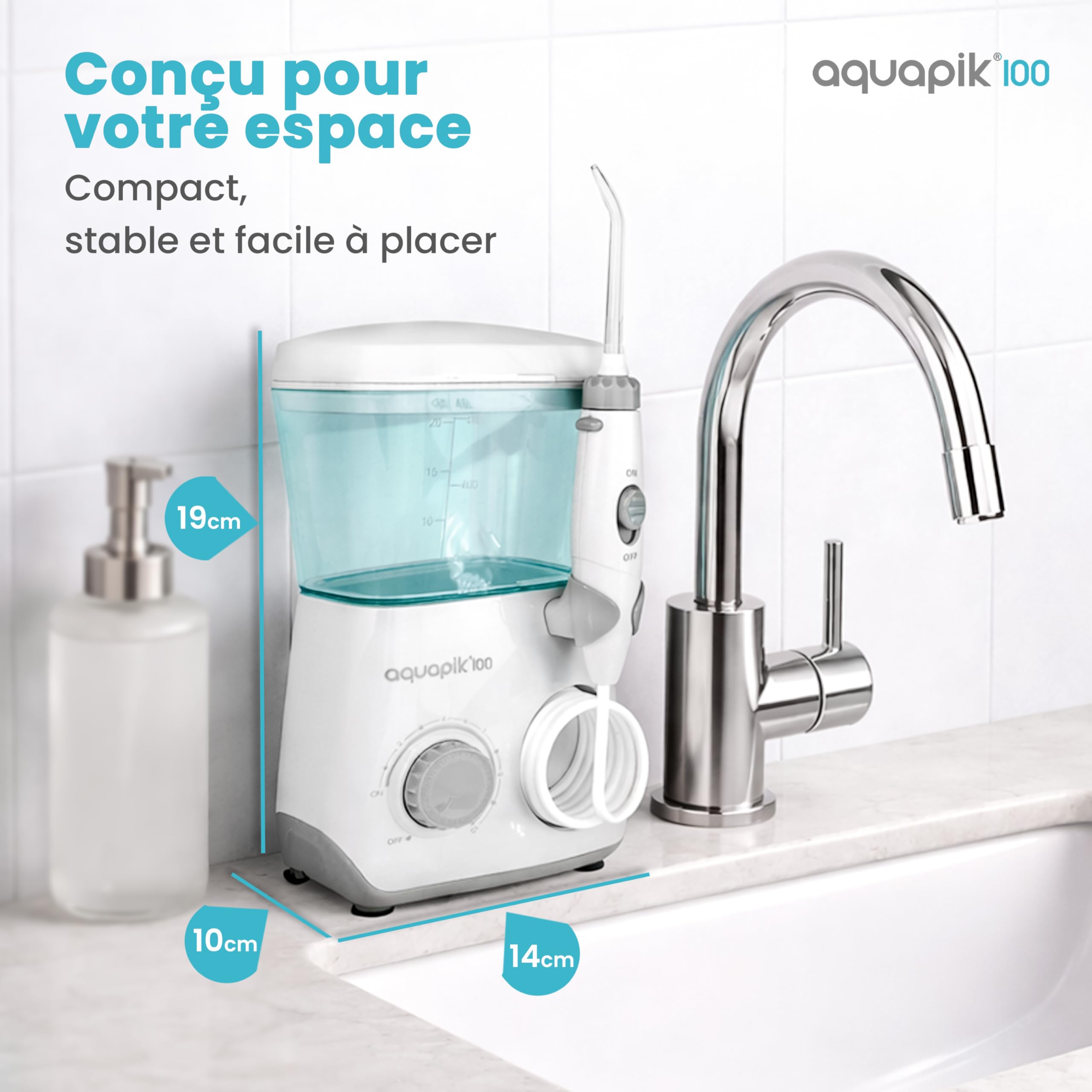 Aquapik100 Hydropulseur Dentaire Water Flosser 600 ml 10 Niveaux 8 Embouts.