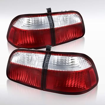 Autozensation Compatible with 1999-2000 Honda Civic 4 Door Sedan Left & Right Pair Assembly, Red Tail Lights
