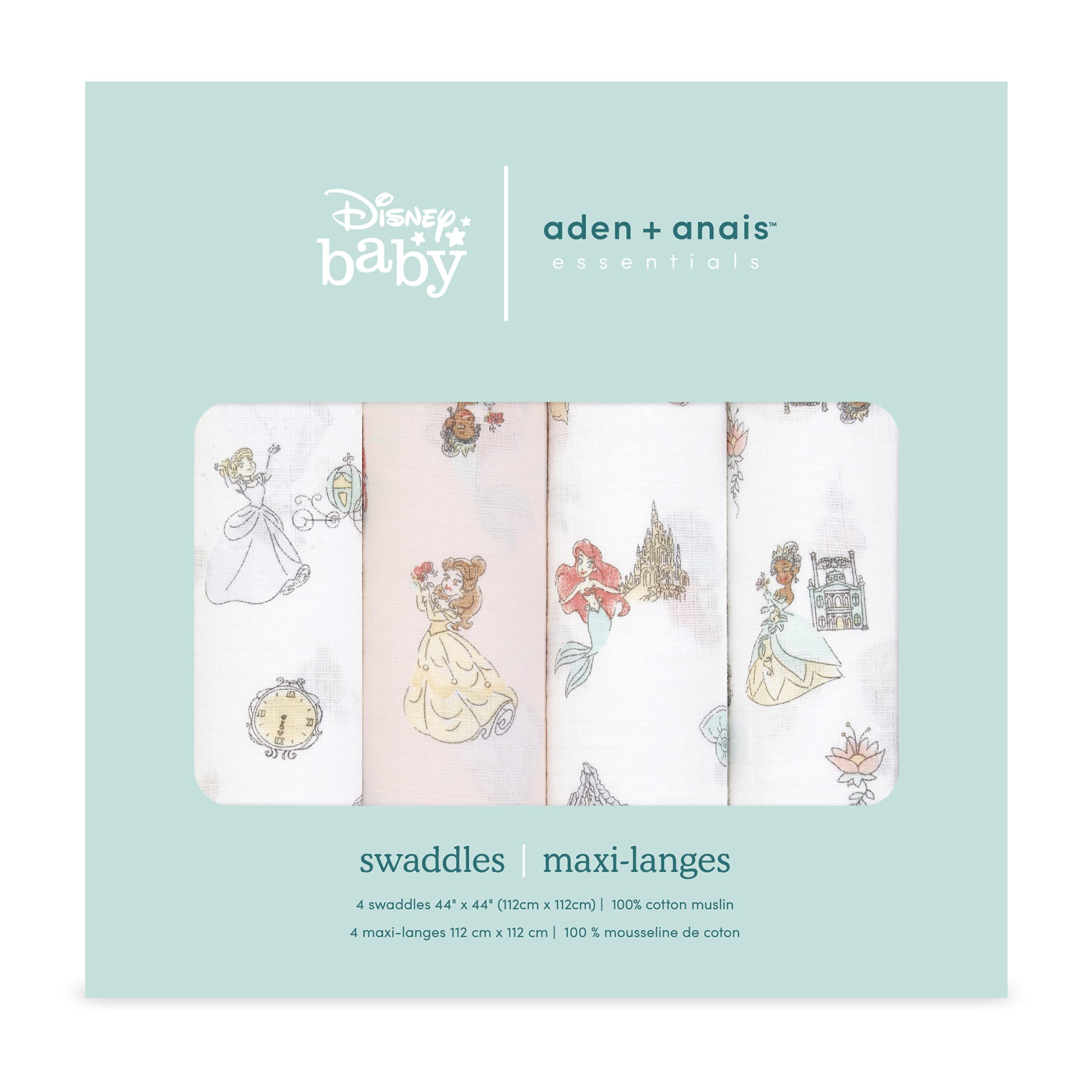 aden + anais Essentials - Manta de Muselina 100% algodón para bebés y niños, 112 x 112 cm, Juego de Envoltura para recién Nacidos, Regalo de Ducha para bebés y niños pequeños, Paquete de 4, Princesa