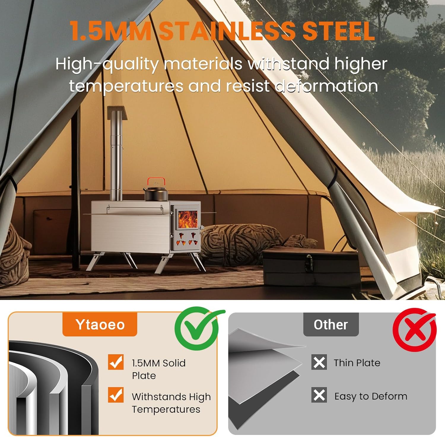 Upgraded Wood Stove, Hot Tent Stove Camping Portable Stainless Steel Wood Burning Stove with 7 Chimney Pipes for Wall Tent Camping, Hunting, Heating, Cooking, Ice Fishing, Boiling Water - Large