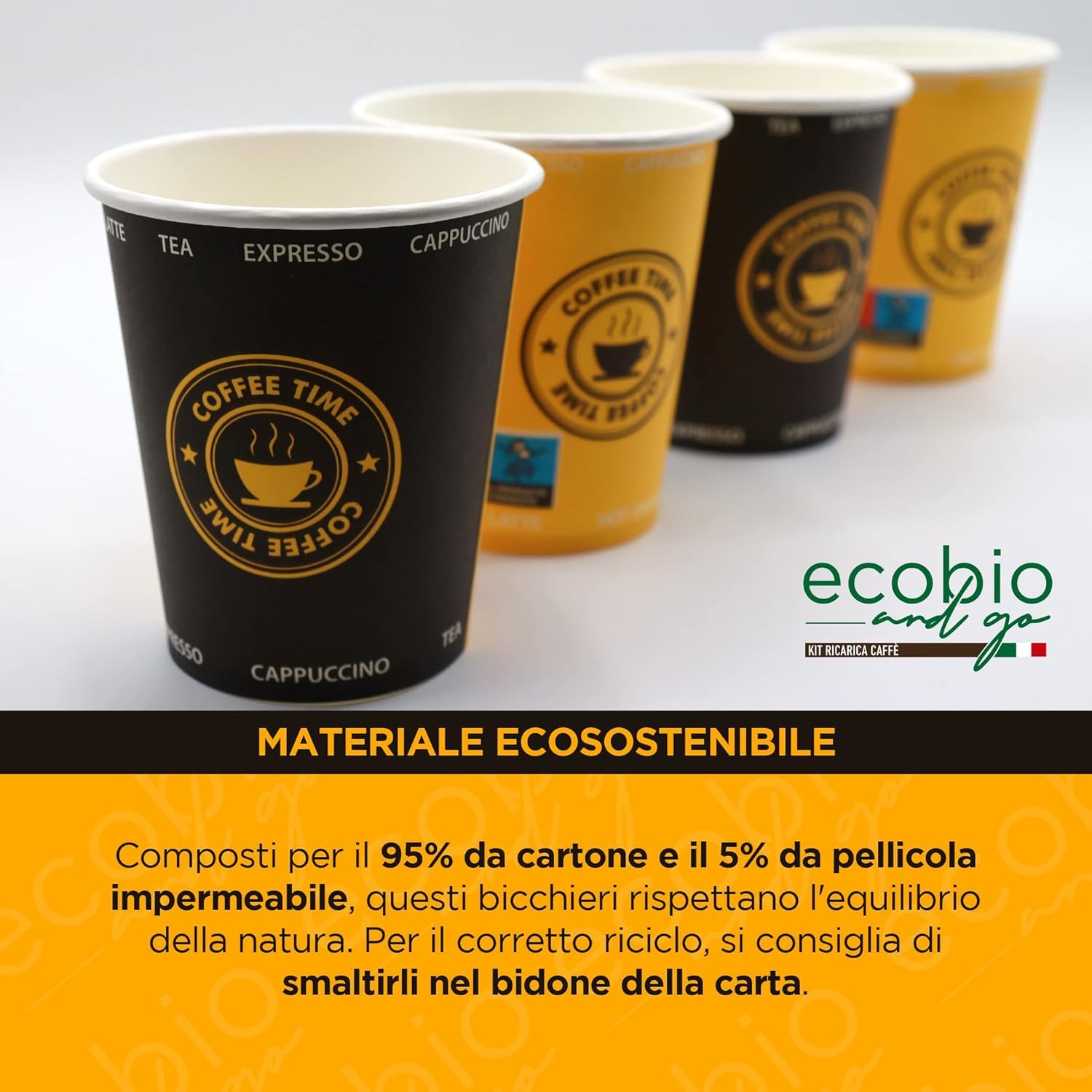 Ecobio and Go - 500 Bicchieri Acqua di Carta, 8oz (240ml), Biodegradabili e Compostabili, Perfetti per Bevande Calde e Fredde, Nessuna Plastica, Black Edition