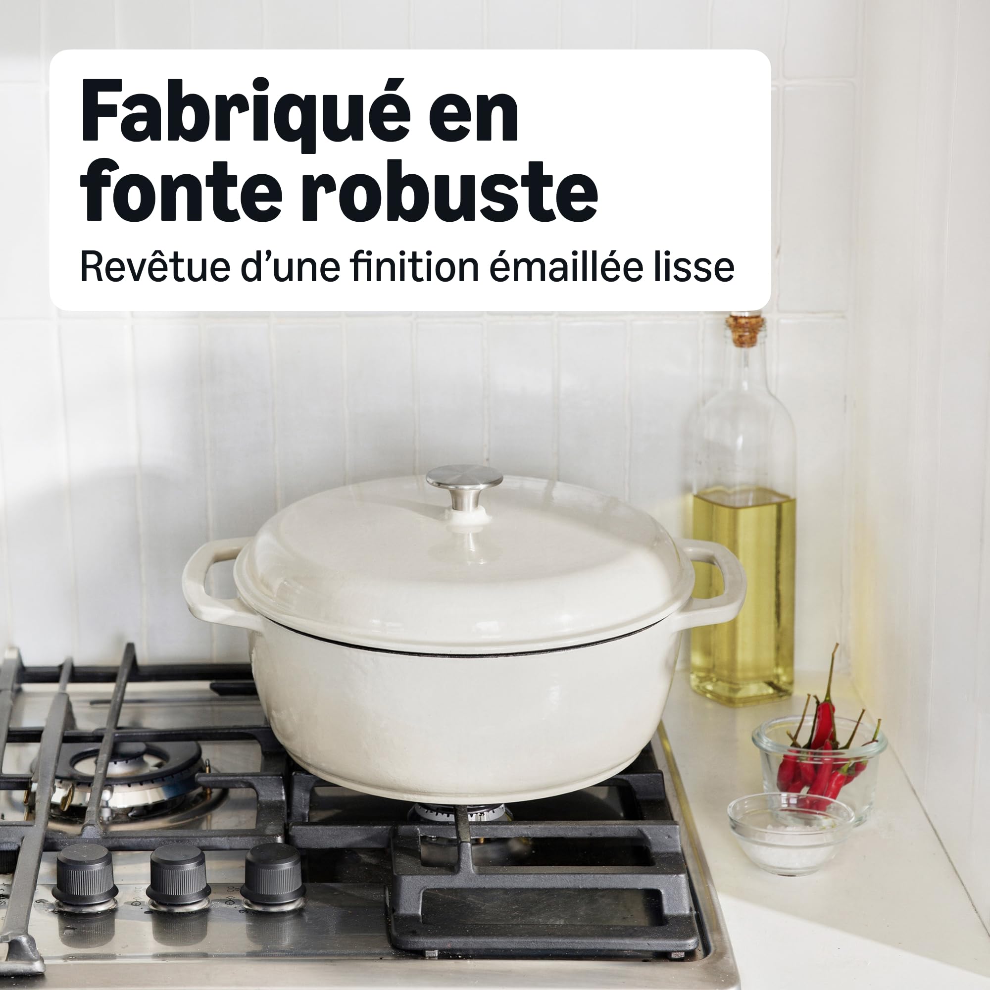Amazon Basics Cocotte Ronde en Fonte Emaillee avec Couvercle, 4,1 L, Blanc