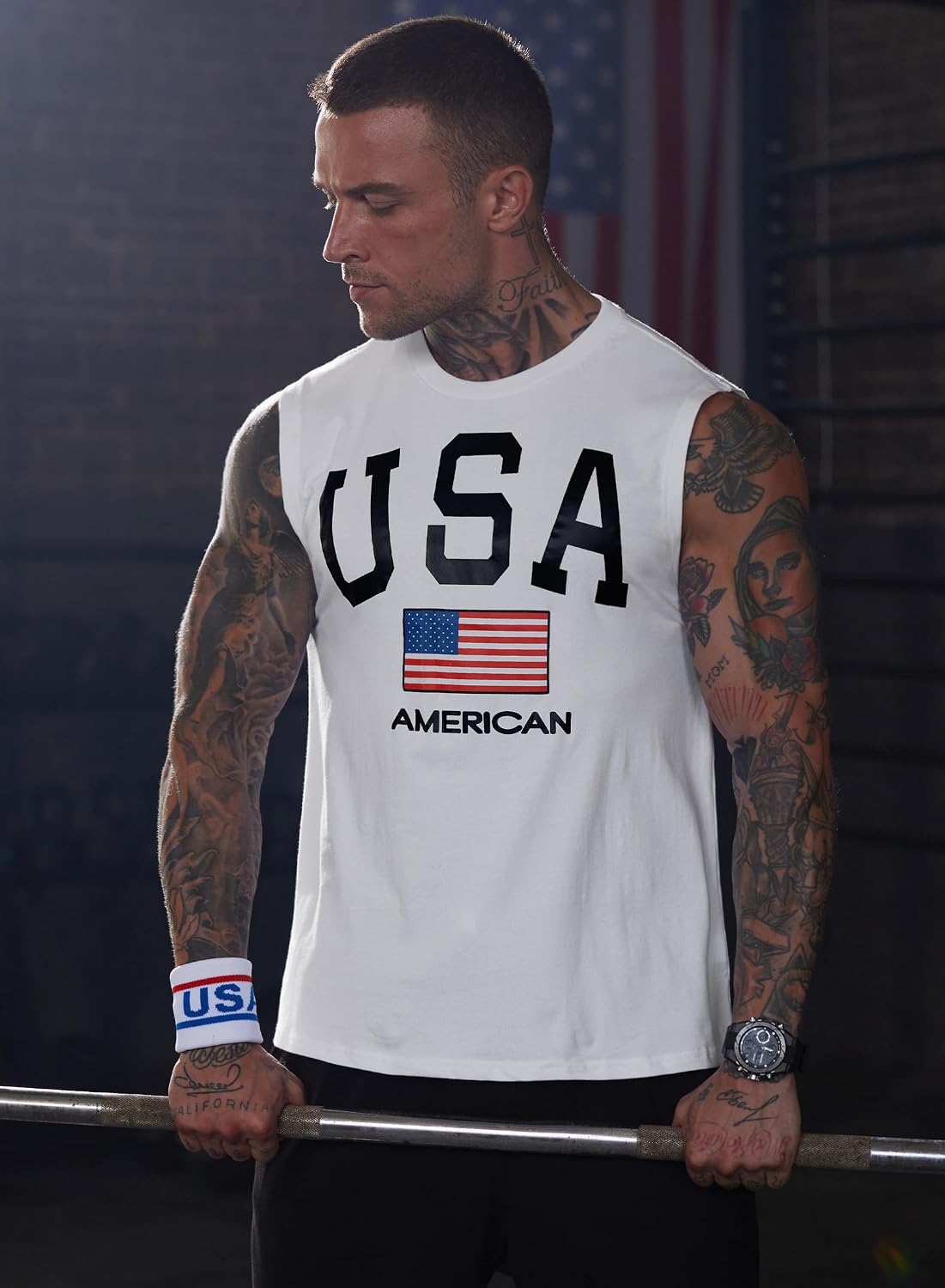 Mainfini Men American Flag Tank Top Muscle Graphic Gym Workout USA Sleeveless Tee Shirts (S-3XL)