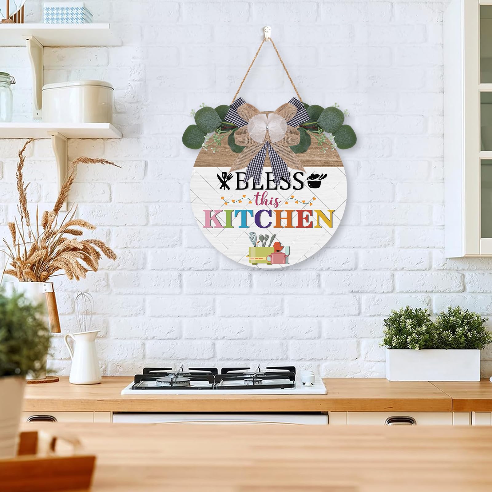 TOARTi Bless this Kitchen Sign,Kitchen Wall Art Rustic Wood Sign Round Hanging Decor with Ribbon Bow and Artificial Green Leaves Farmhouse Style Wall Art - Image 3