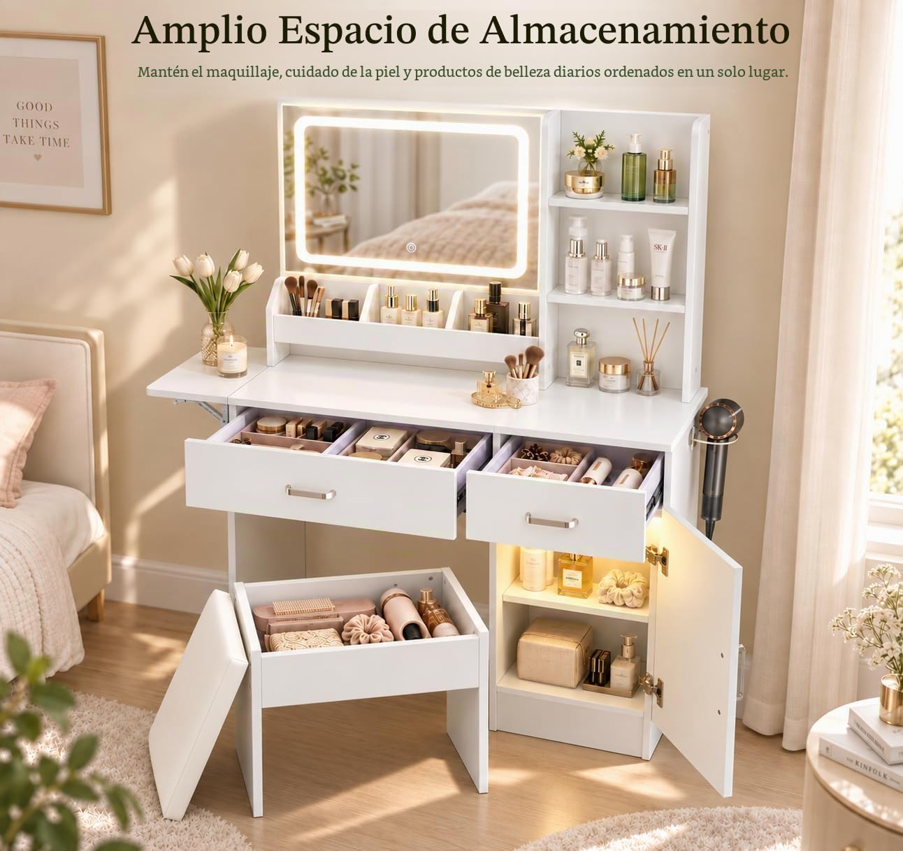 Tocador de Maquillaje con Espejo y LED, Taburete con Almacenamiento, Tocador con 2 Cajones 1 Armario, 2 Enchufes y 2 USB, 3 Estantes y 3 Compartimentos Abiertos, 107 x 38,5 x 134 cm, Blanco