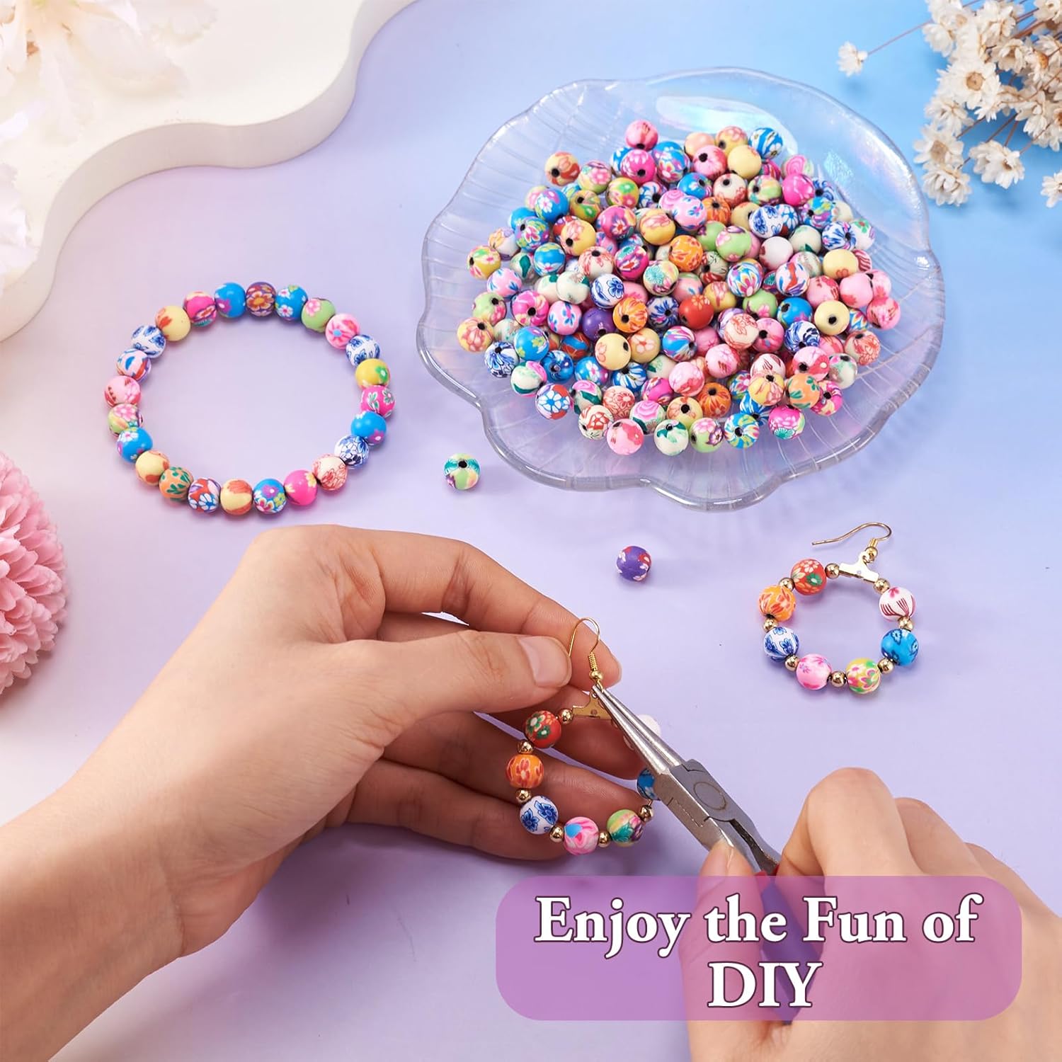 Pandahall 200pcs 0.3 Inch Assorted Colorful Polymer Clay Round Beads Bubblegum Ball Beads Charms Flower Printed for Jewelry Makings 8mm| 5/16 Inch - Image 8