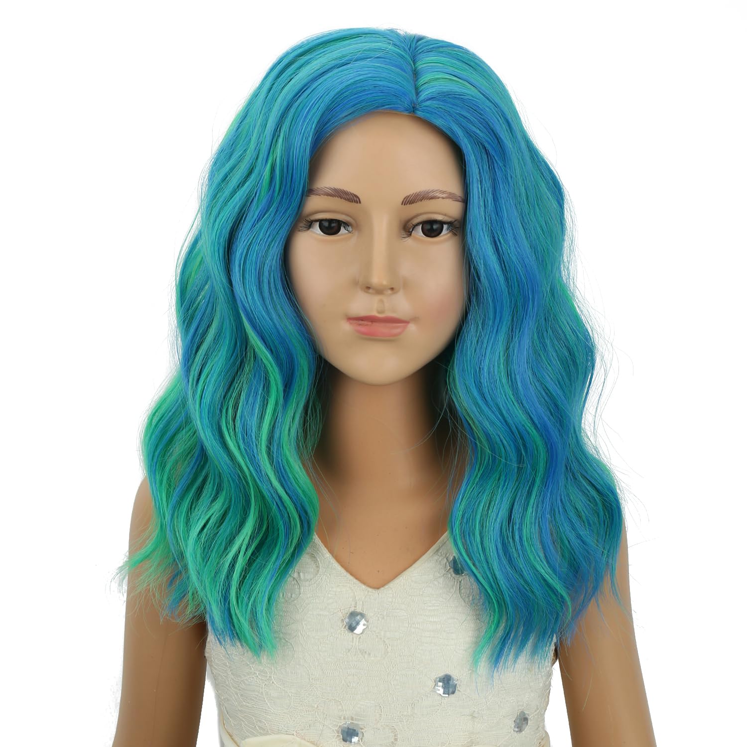 PATTNIUM Blue Mixed Green Wigs for Kids Girls Short Curly Wavy Wigs Side Part Shoulder Length Heat Resistant Synthetic Wig Halloween Cosplay Costume Party Wigs