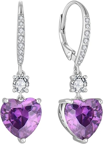 Vesitim Solitaire Heart Dangle Earrings 925 Sterling Silver Heart-Shaped Birthstone Gemstones Leverback Earrings for Women Jewelry Gift