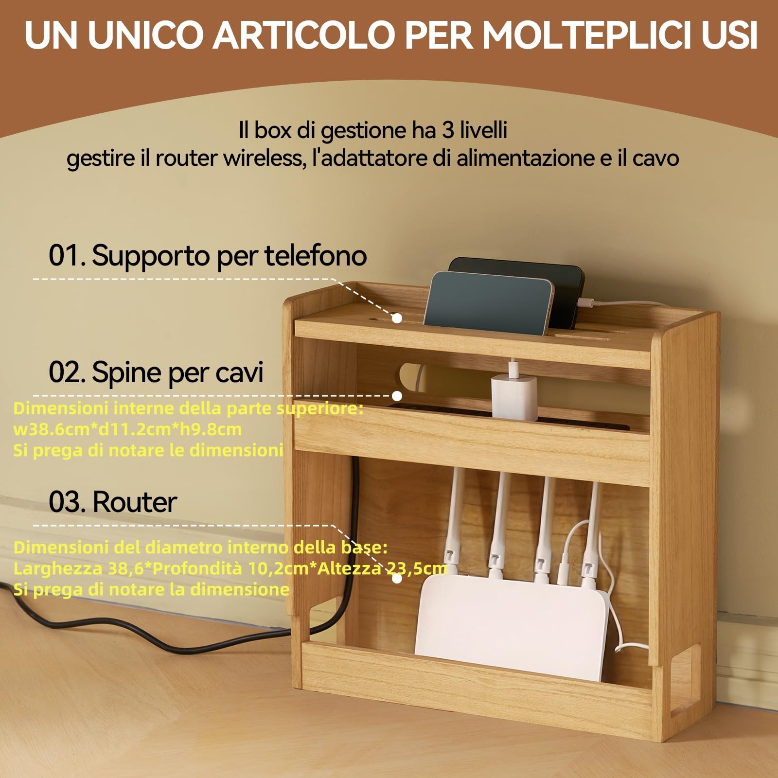 KIRIGEN Scatola di immagazzinamento per router Wifi, scatola di immagazzinamento con ripiano in legno, organizzatore di prese di corrente, gestione e organizzazione dei cavi natürliche Farbe