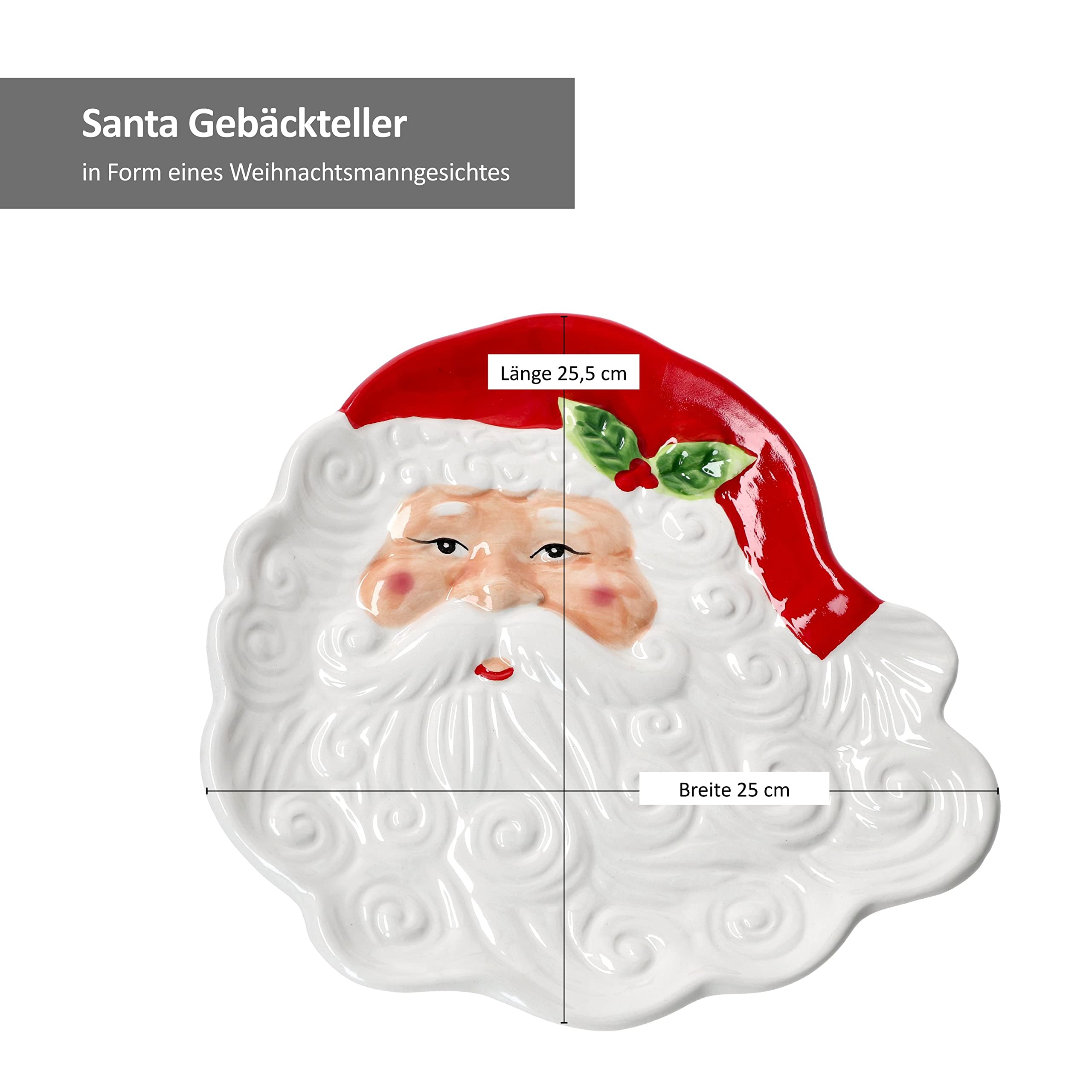 MamboCat Gebäckteller Santa I Keksteller mit Gesicht vom Weihnachtsmann I 3D-Optik I Nikolaus, Adventszeit, Christmas, X-Mas Time, Weihnachten I Servierplatte, Kuchenplatte I Steingut Küche, Haushalt & Wohnen