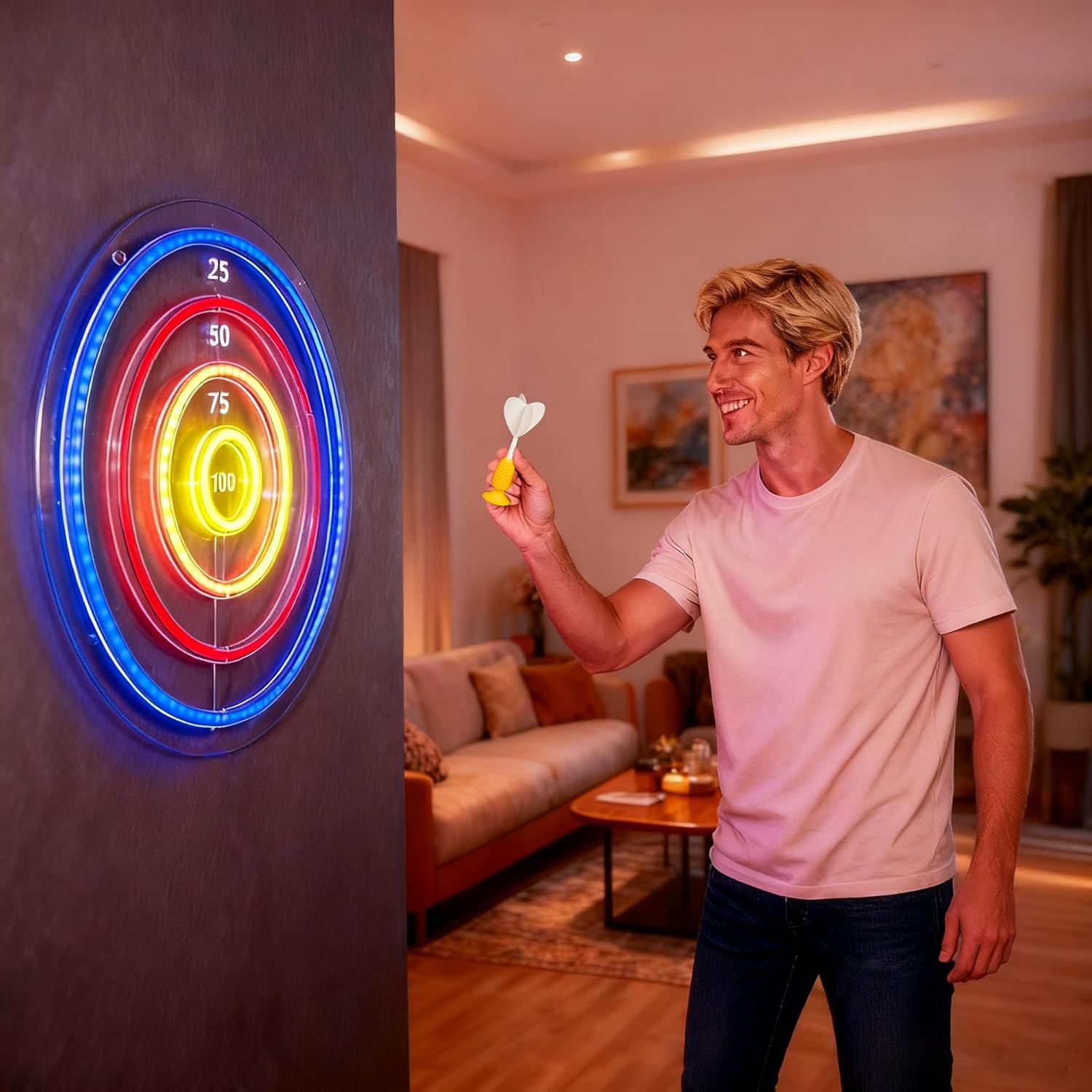 LED Light Up Dartboard with Safe Suction Cup Darts, LED Dartboard with Backlight for Kids, Teens & Adults, USB Powered Game Room Wall Decor for Family Fun