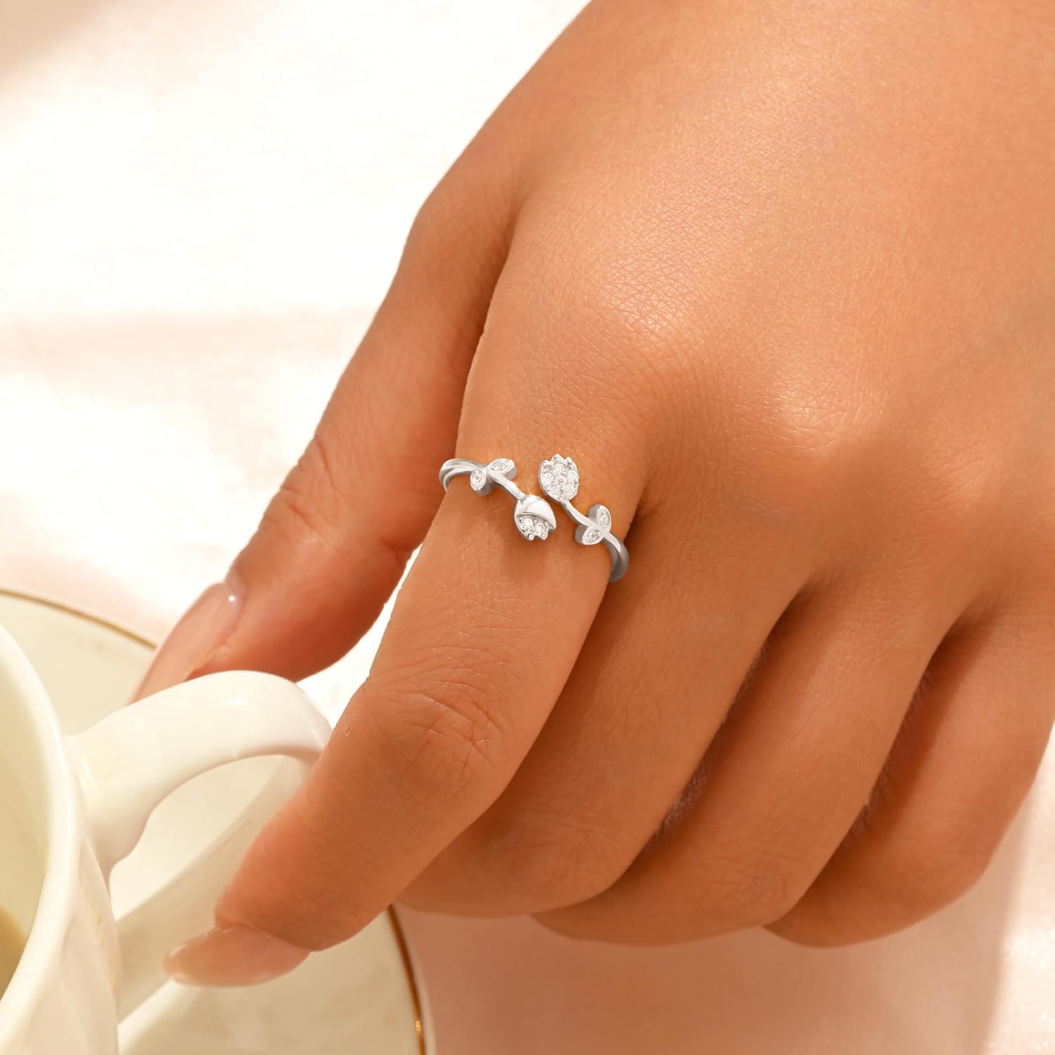 Tulip Open Ring for Women, 925 Sterling Silver Dainty Cubic Zirconia Rose Flower Adjustable Statement Ring to Daughter 14k Gold Plated Delicate Floral Stackable Band Wedding Jewelry Gift