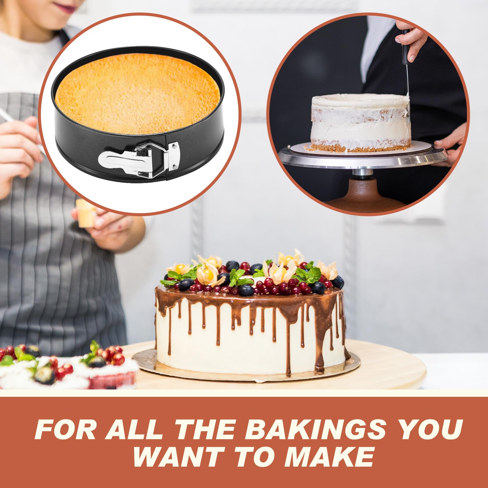 Funnymoom 4 moldes antiadherentes de 8 pulgadas con parte inferior extraíble de acero al carbono para tartas de queso, molde redondo con hebillas de resorte de acero inoxidable para hornear cocinas